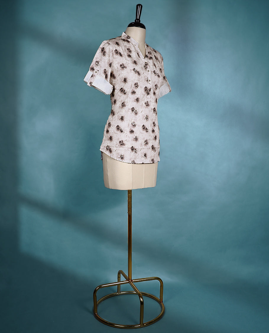 Cream Pink Colour Floral Printed Mandarin Collar Short Sleeve Top for Women.