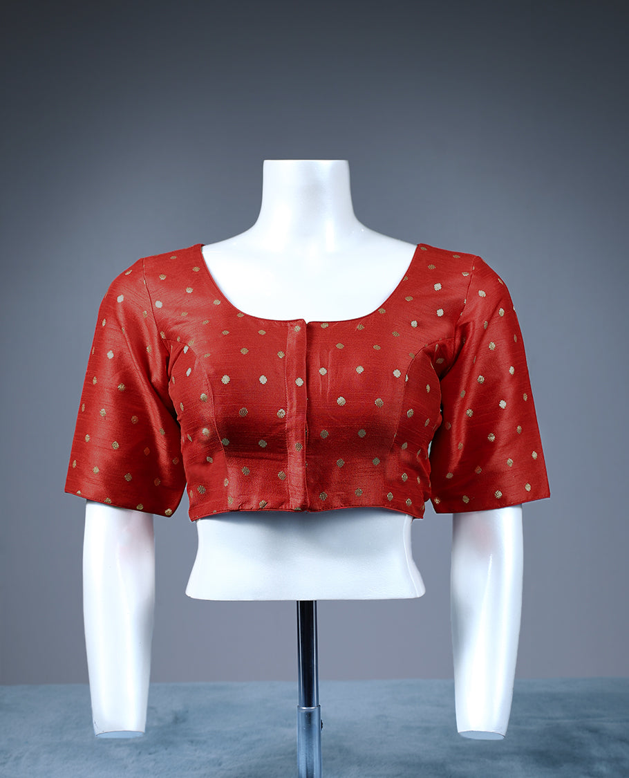 Red Colour Golden Round Motifs, Round neck, 2/4th Sleeves, Padded, Ready Made Blouse.