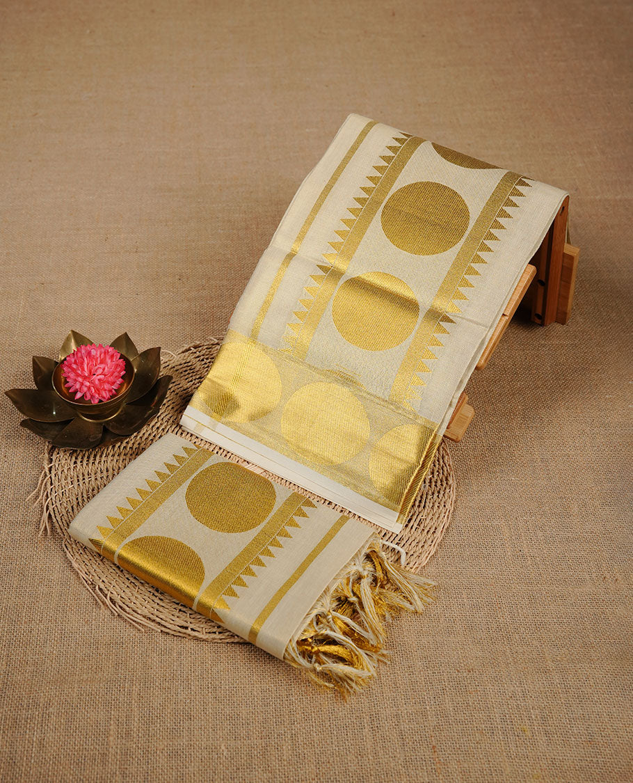 Light Gold colour tissue set mundu highlighting gold zari circle & temple pattern on traditional border
