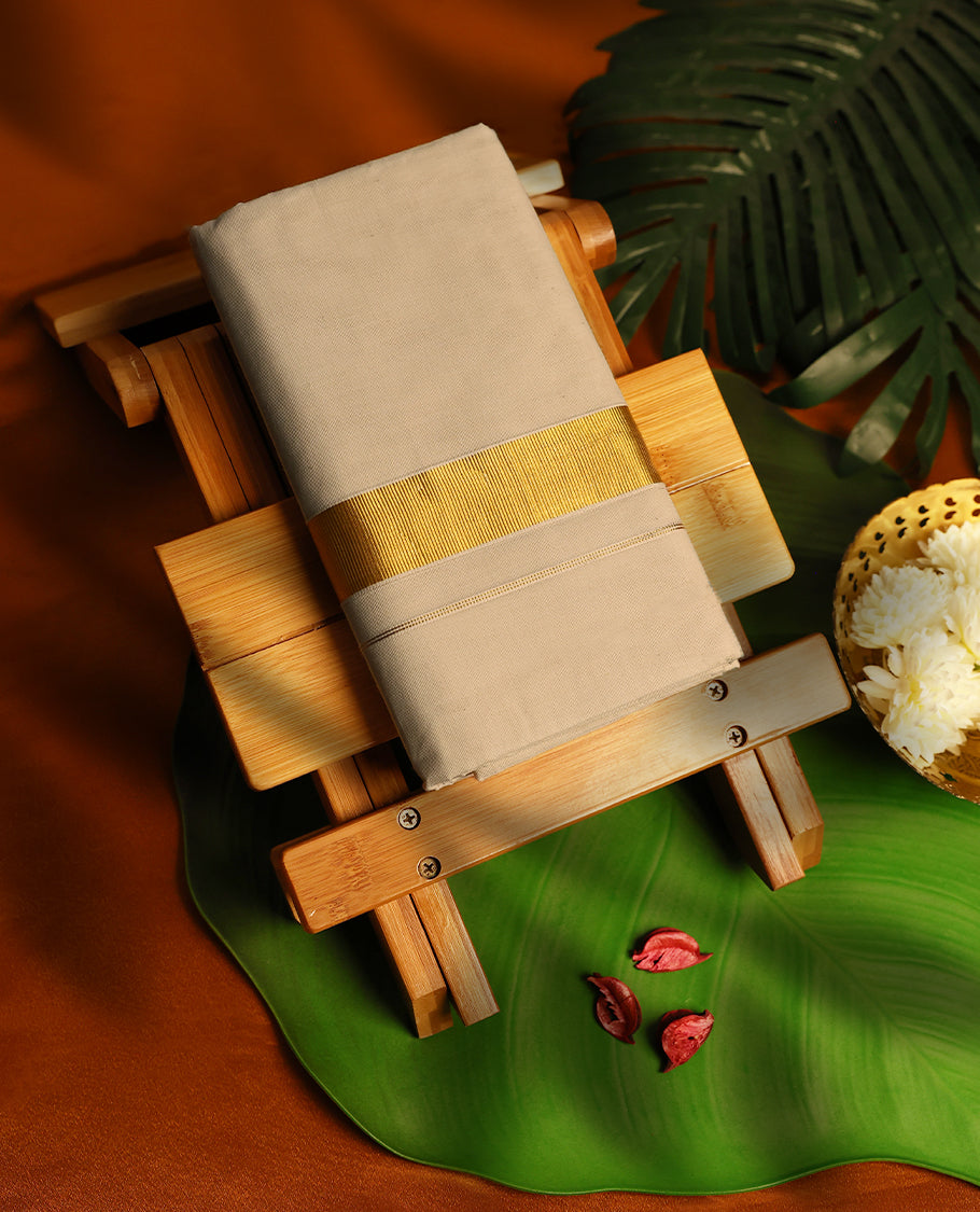 Light ivory Colour cotton double dhoti with Bold Golden kara, crafted for traditional elegance & comfort, for men.