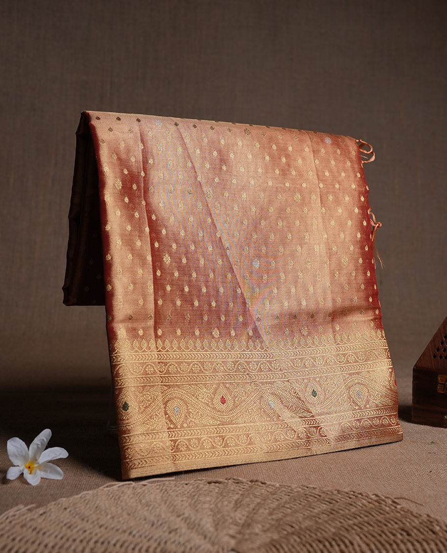 Orange & Gold double shade colour tissue banaras silk saree featuring antique gold zari motifs on the body with rich traditional zari border and pallu, paired with a matching blouse piece.