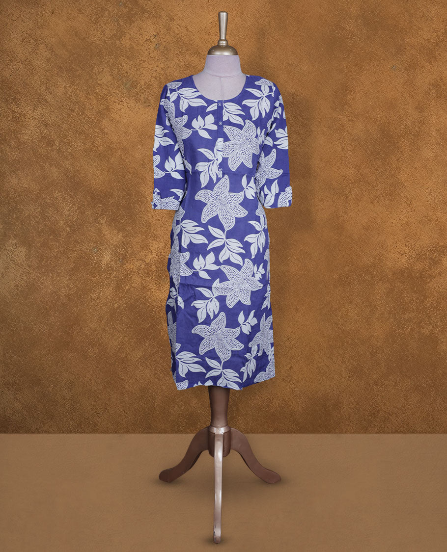 Imperial blue and white colour kurti with White floral prints, knee length design, styled with a round neckline and a sleeve .