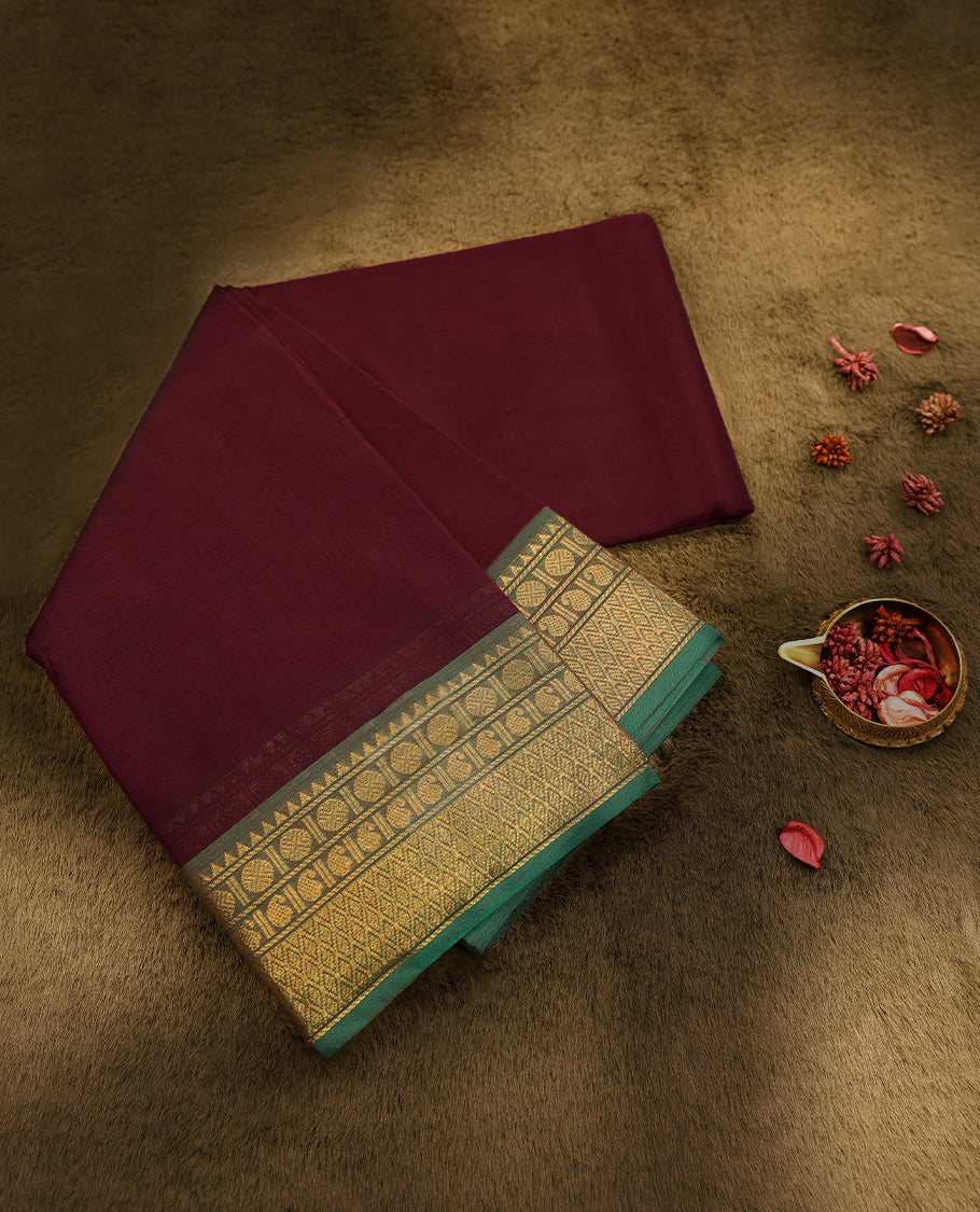Maroon Colour Mixed Chettinad Cotton Saree having plain Body with Contrast Border and Self Coloured Blouse