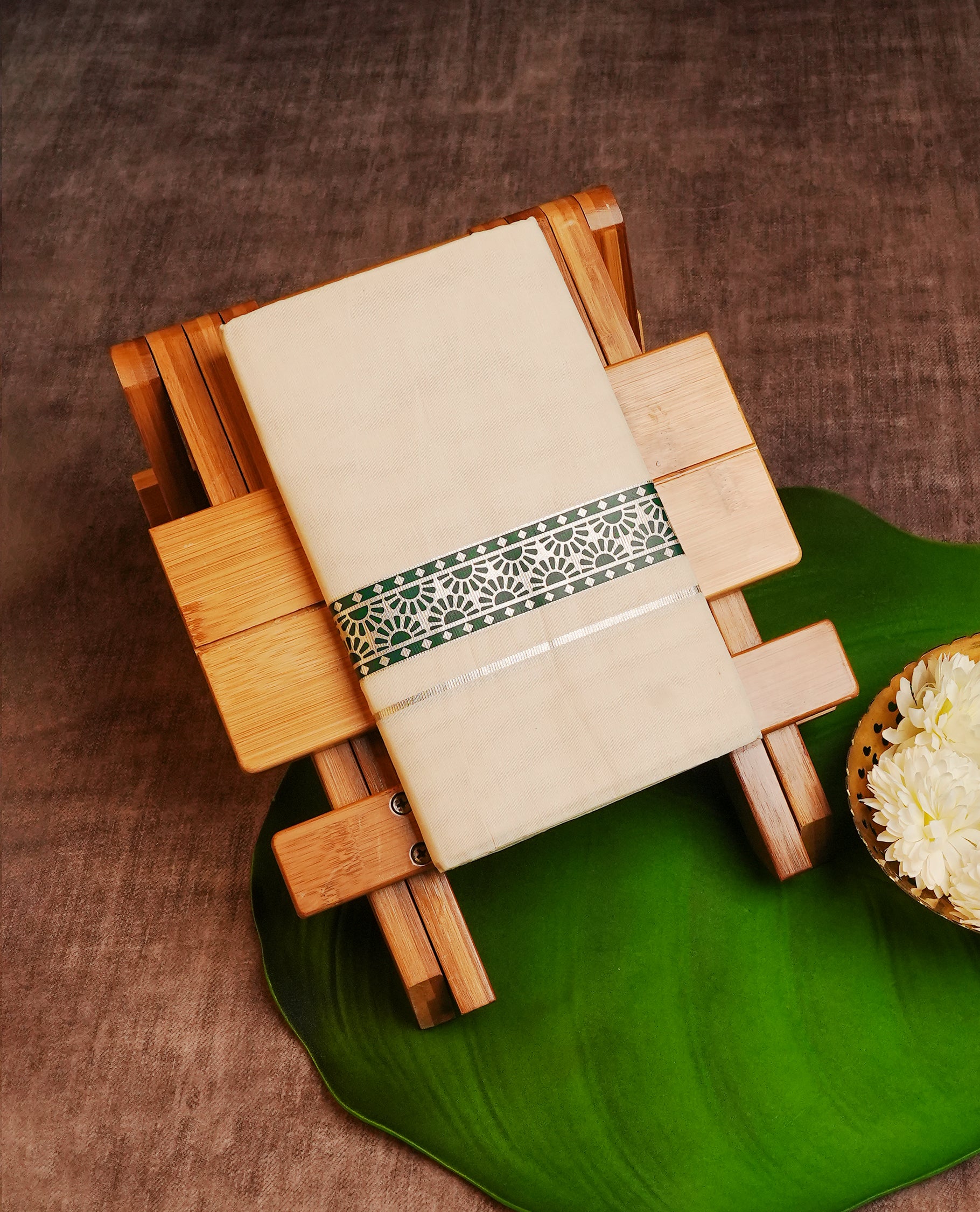 Cream Colour Cotton Double Dhoti Finished With A Classic Green Design Pattern On Silver Zari Kara