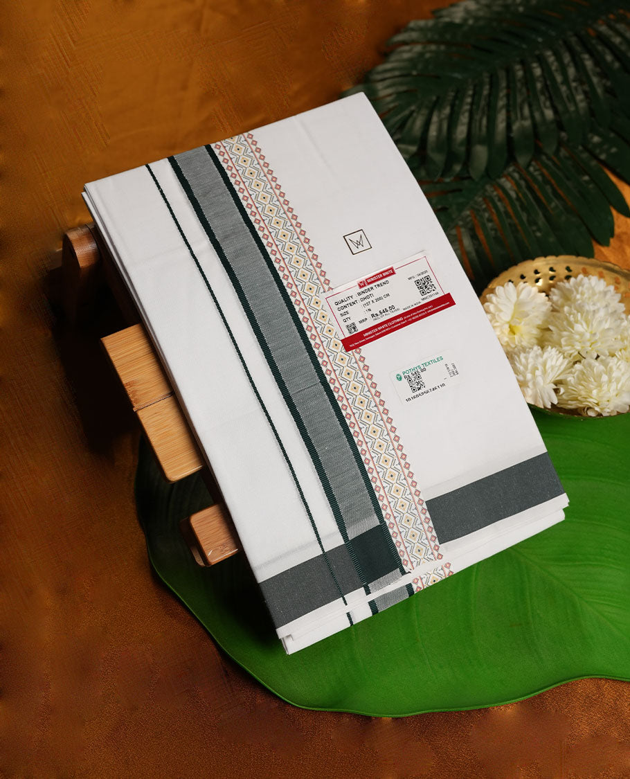 White Colour Minister White Pure Cotton single Dhoti with Dark Green Colour Border for Men