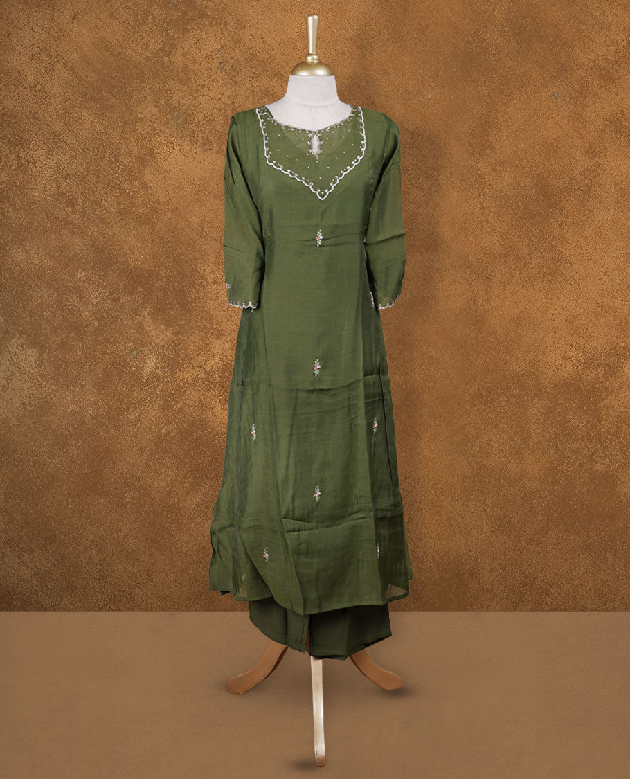 Dark Olive colour coord set styled with a thread & beats pattern around neckline & sleeve, knee length design .