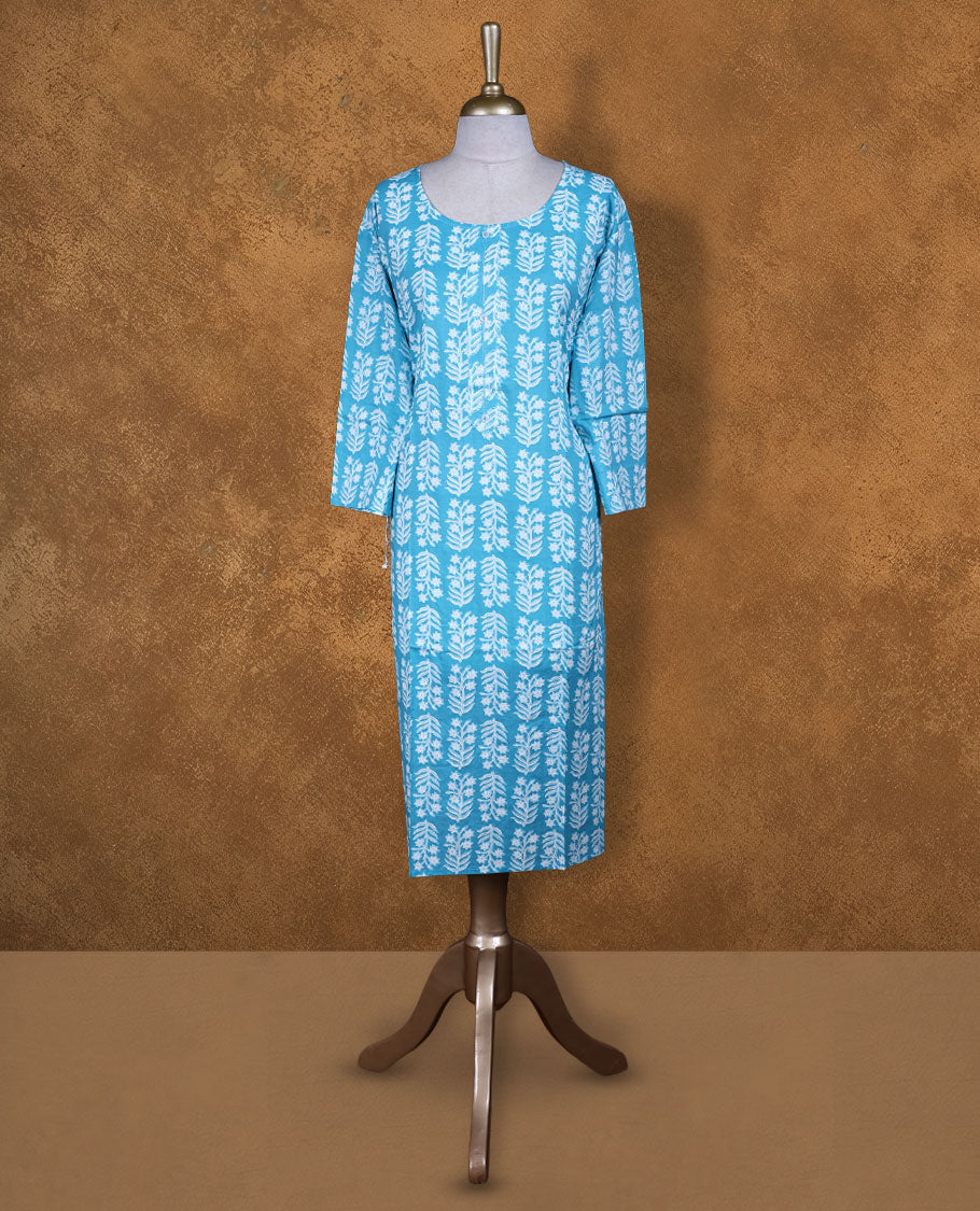 Sky and white colour kurti with White floral prints, knee length design, styled with a round neckline and a sleeve .
