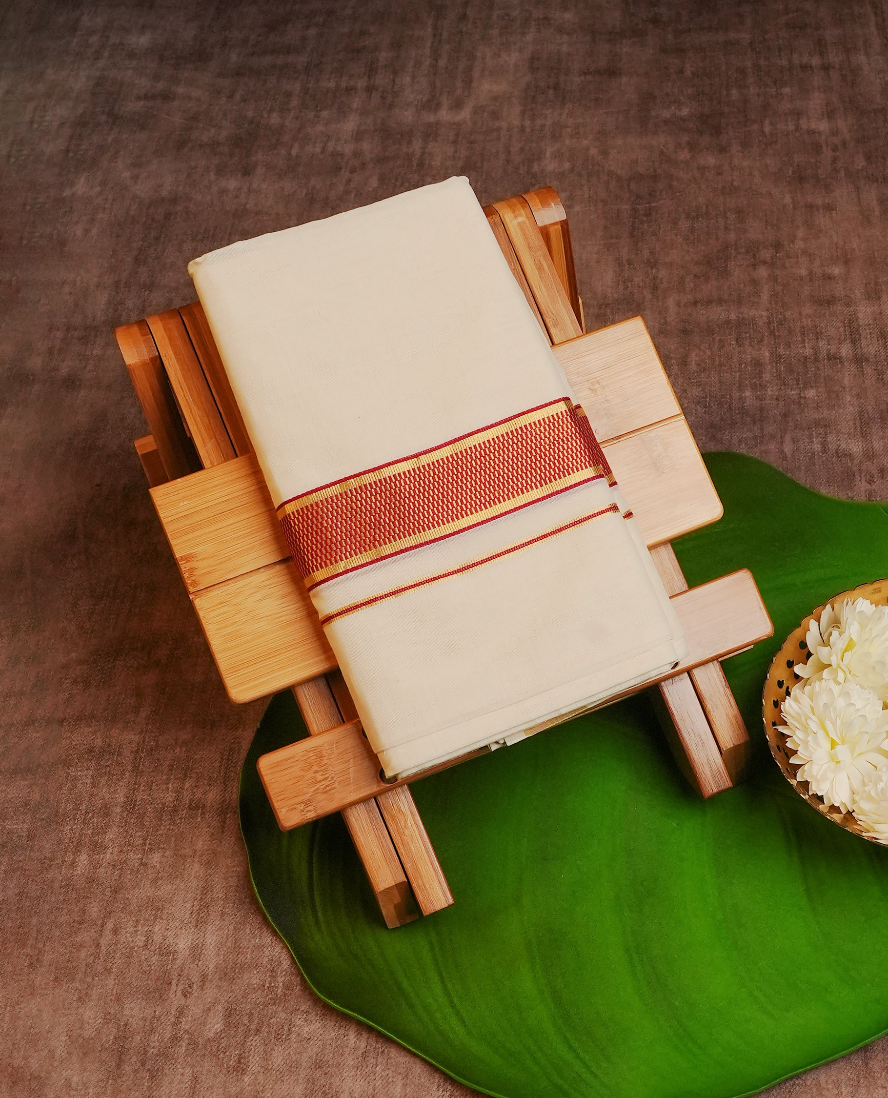 Cream Colour Cotton Double Dhoti Finished With A Classic Red Little check Pattern On Golden Zari Kara