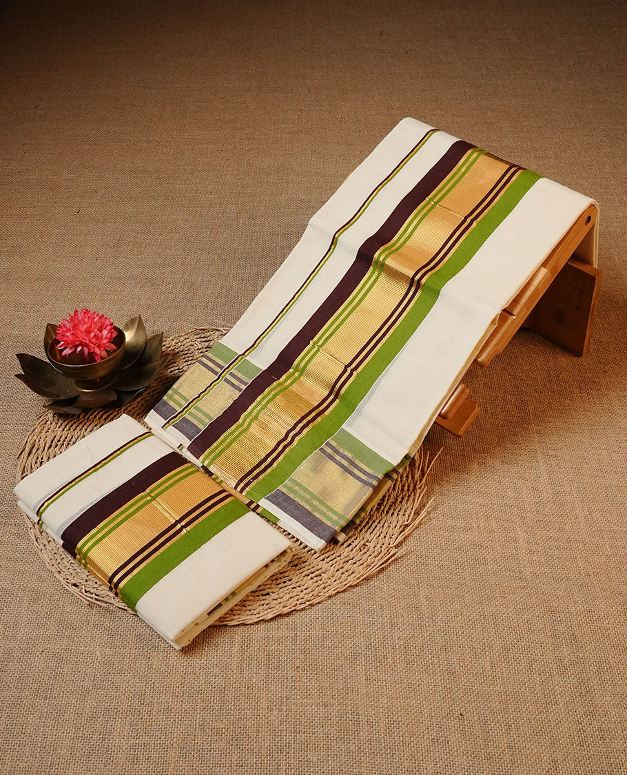 Off white colour Cotton Set Mund featuring a plain body, enhanced by a Green & maroon colour with zari border.