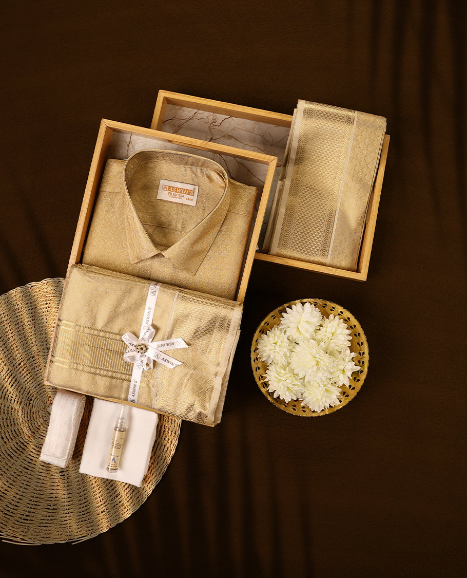 Biscuit Colour wedding set shirt and matching veshti set crafted in rich jacquard fabric with intricate zari patterns offering a luxurious and regal look perfect for grand occasions