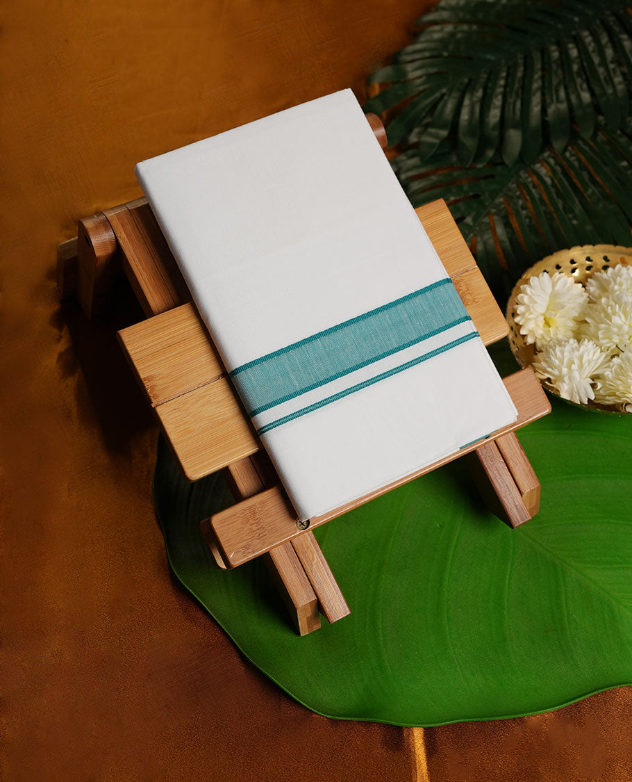 White Colour Pure Cotton single Dhoti with green Colour Border for Men
