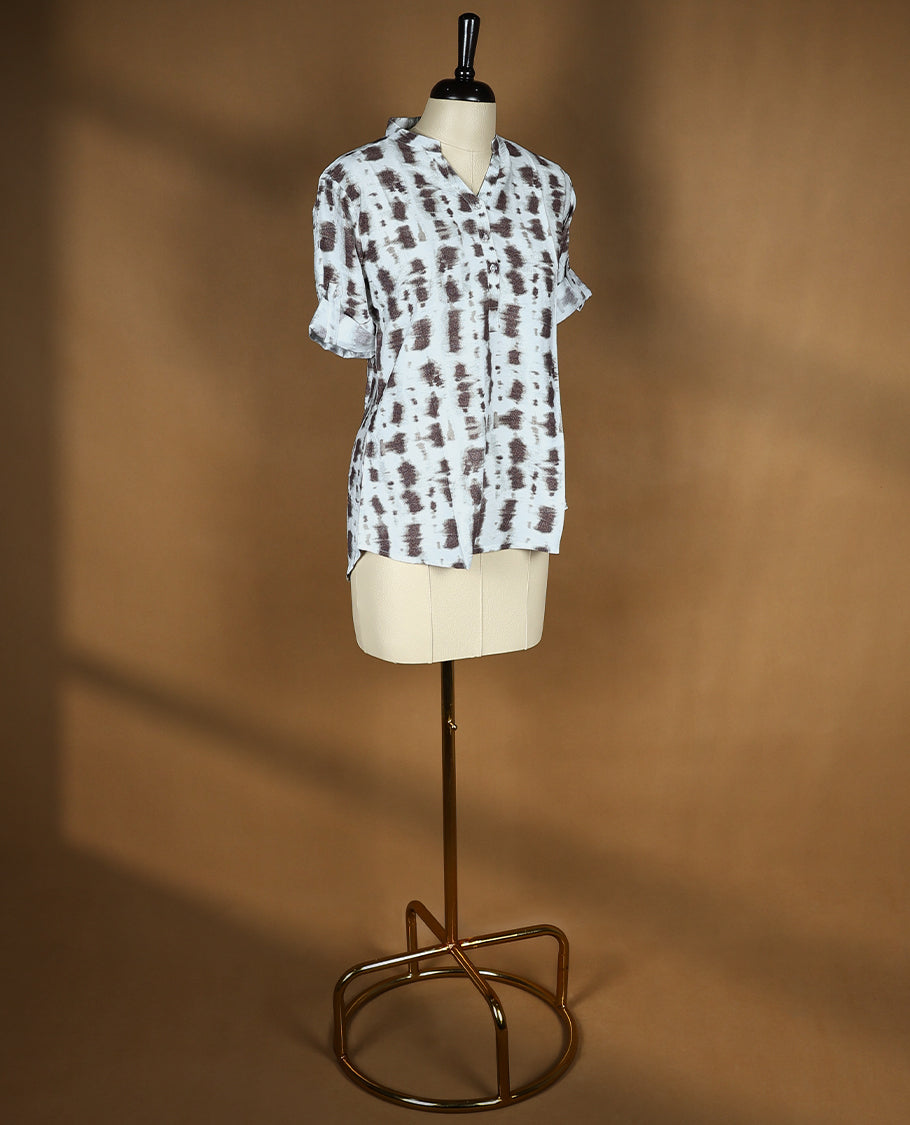 White Colour Readymade Top with Brown Colour Prints For Women with 2/4th Sleeves