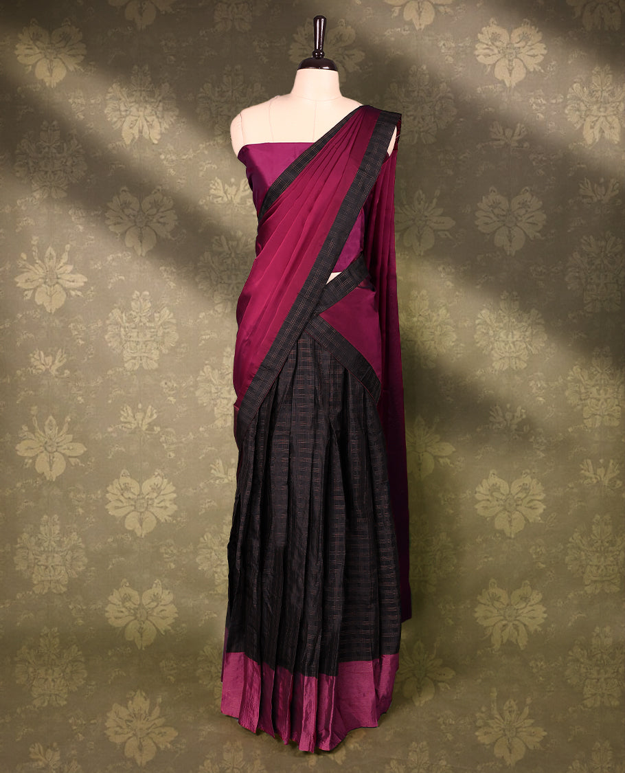 Black colour semi stitched traditional half saree in semi Banarasi sil