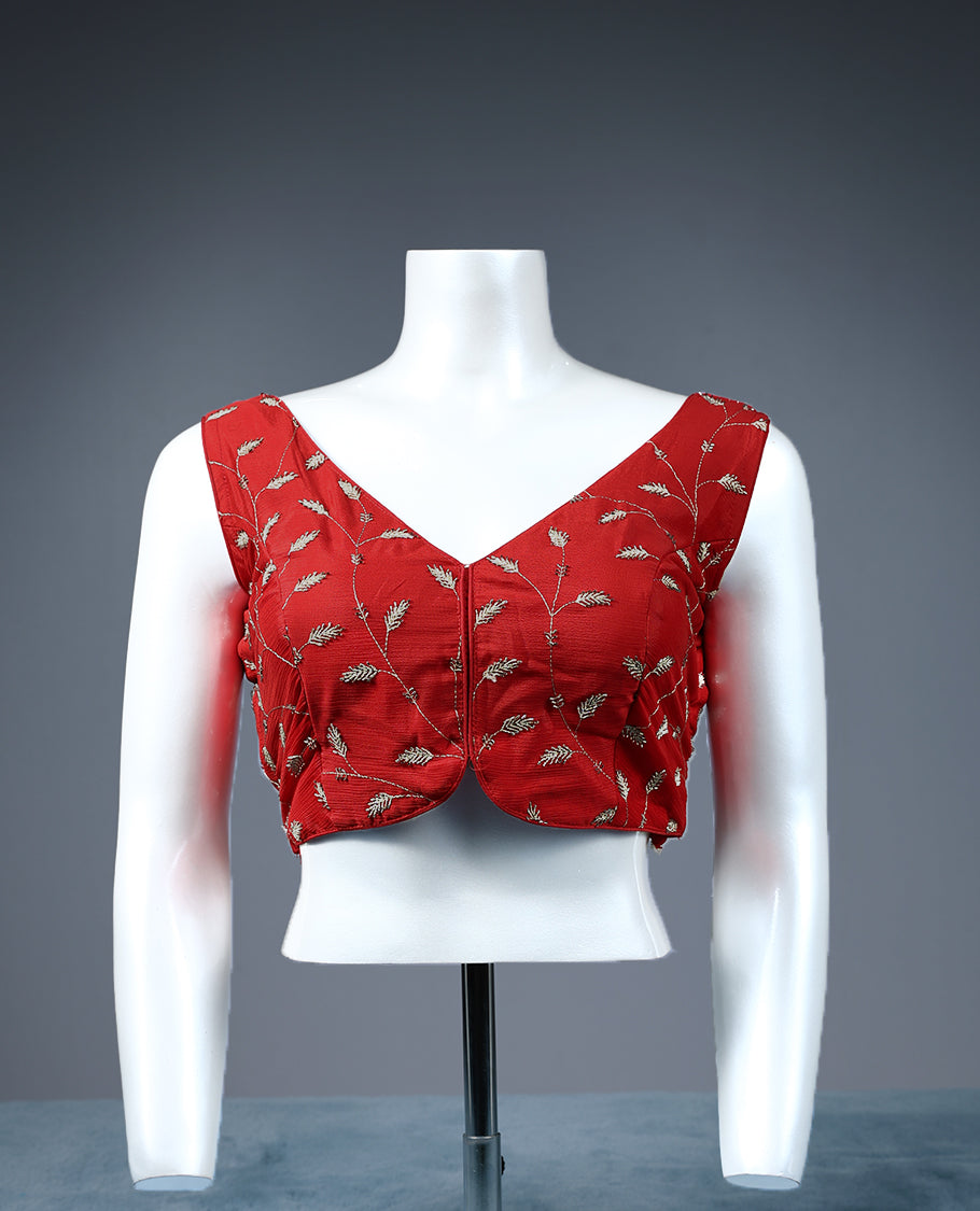 Red Colour Cut Bead Leaf Like Embroidery V Neck Design Attachable Sleeves Padded Ready Made Blouse.