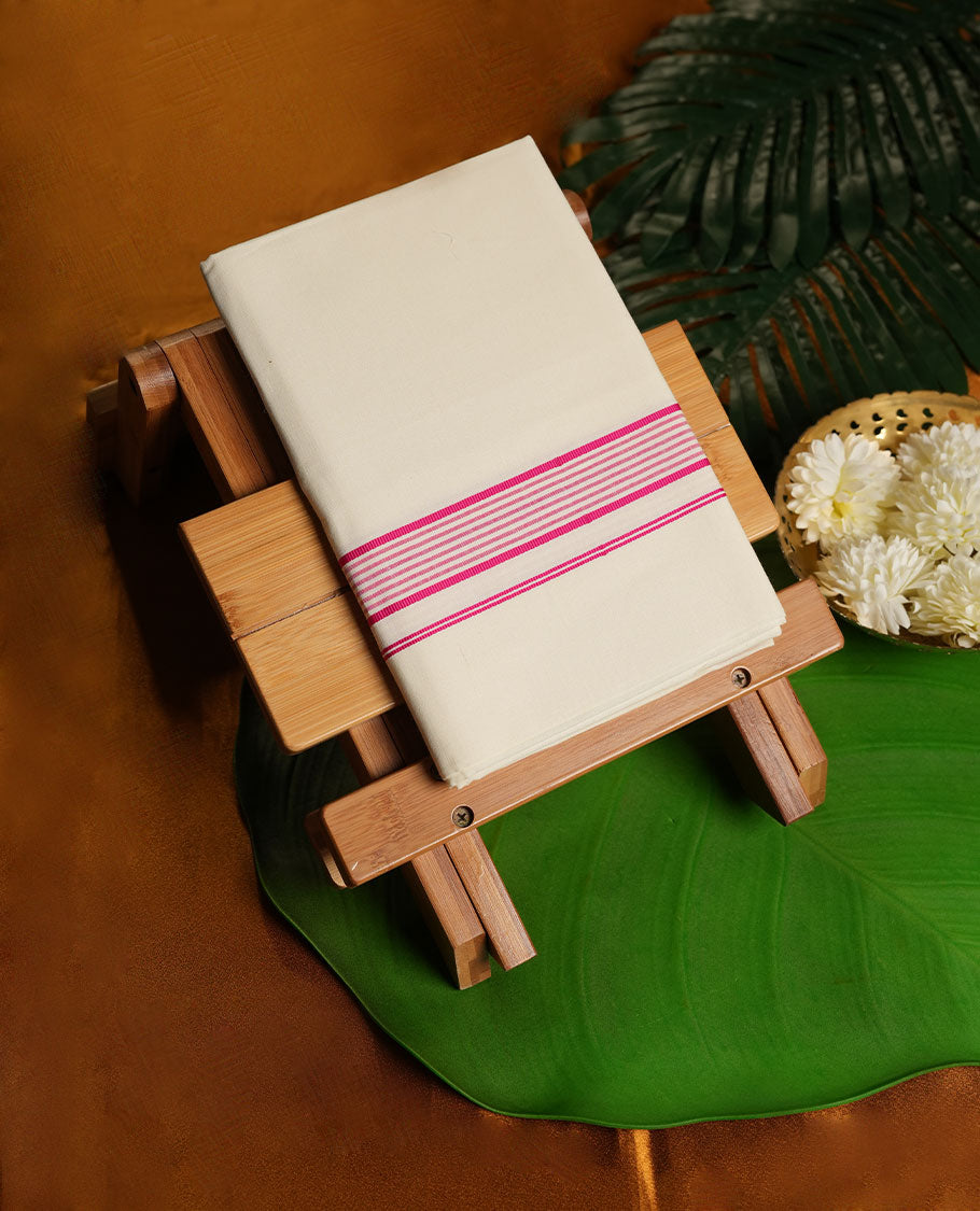 Cream Colour Pure Cotton single Dhoti with Pink Colour Border for Men