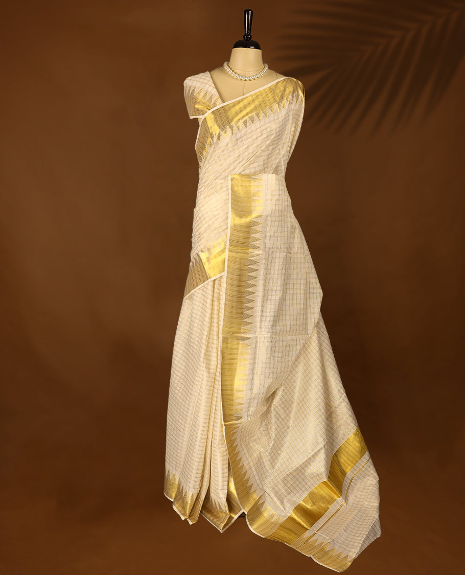 Kerala cotton saree with fine golden Checks and Golden border with Matching Blouse