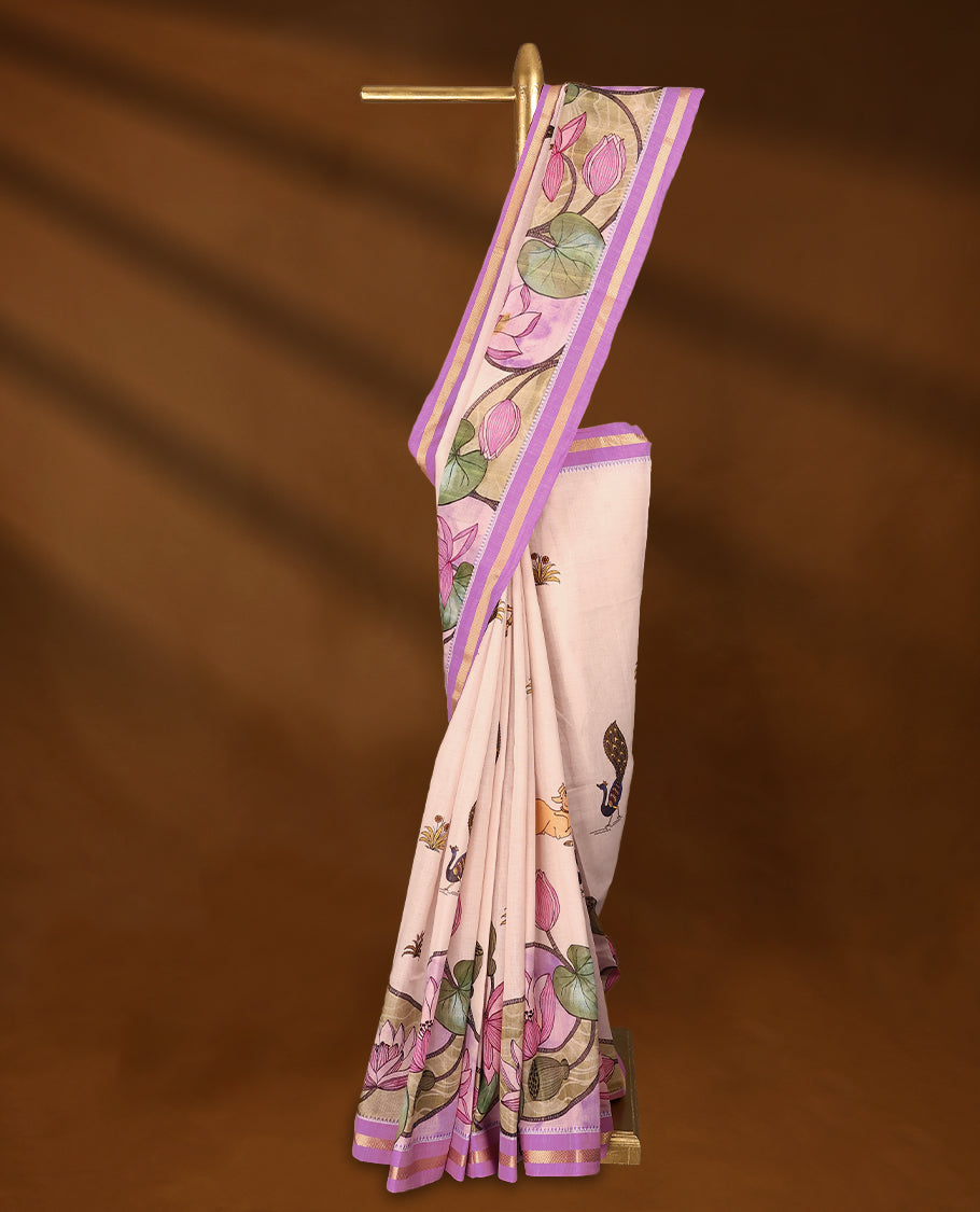 Off white and Light Purple Colour lightweight khadi cotton saree with earthy-coloured digital floral prints on the Body and pallu, paired with a matching blouse.