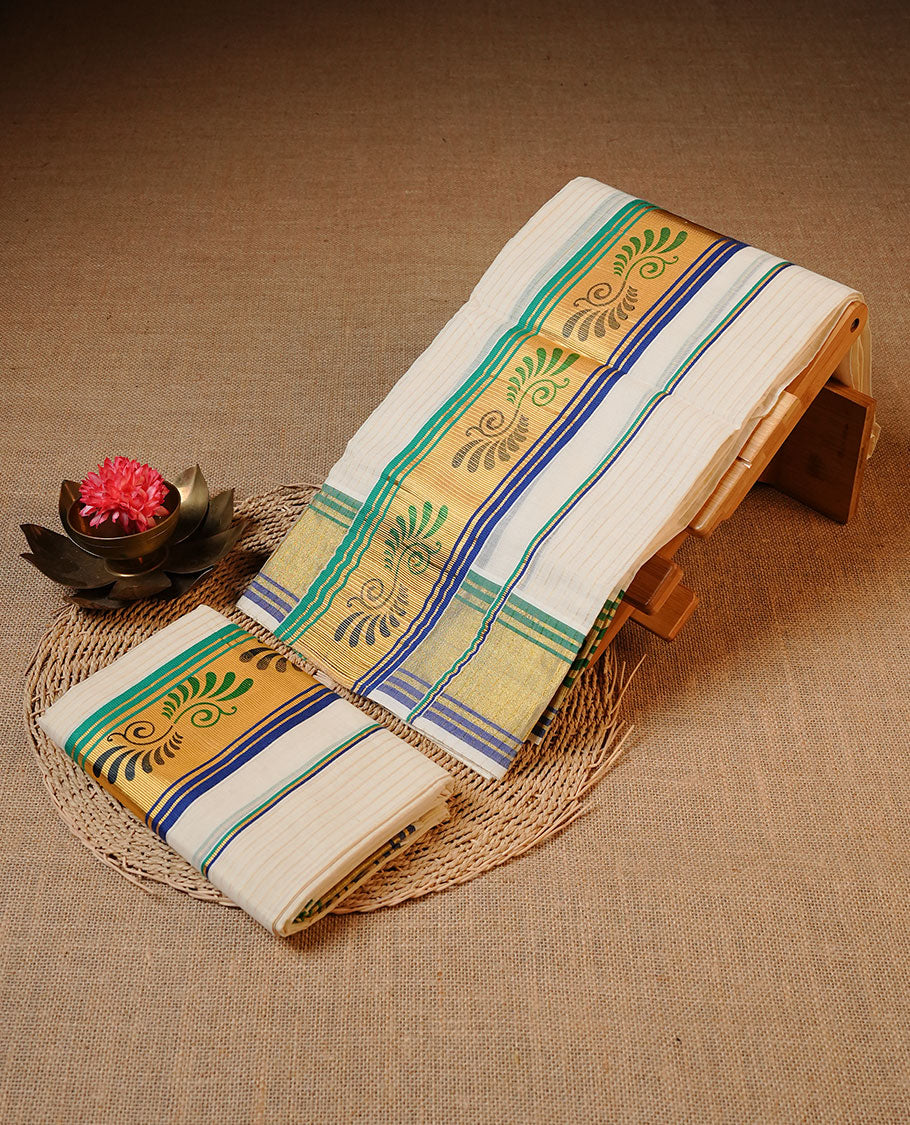 Off white colour Cotton Set Mund featuring a plain body, enhanced by a Design printed on zari border.