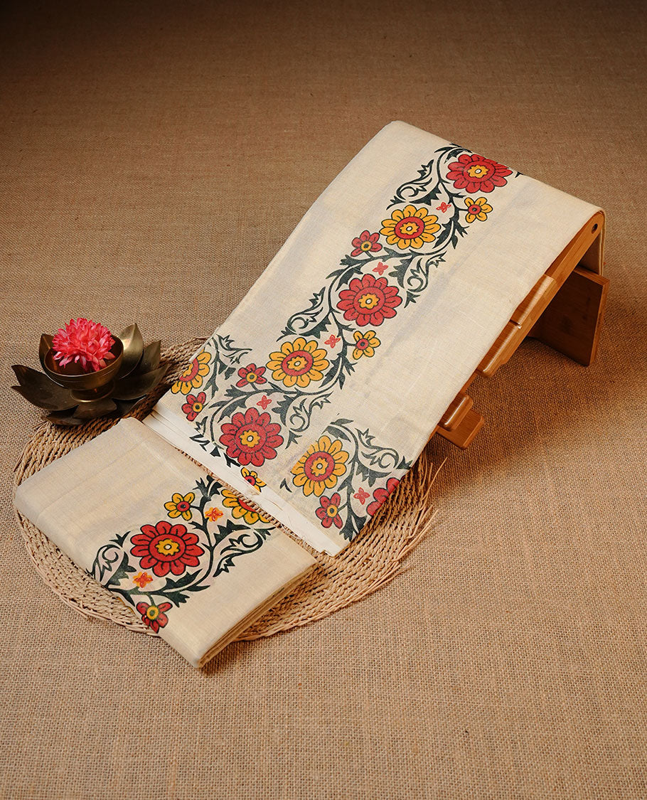 Golden colour Tissue silk set mundu features a plain body accented by a Floral Kodi printed border.