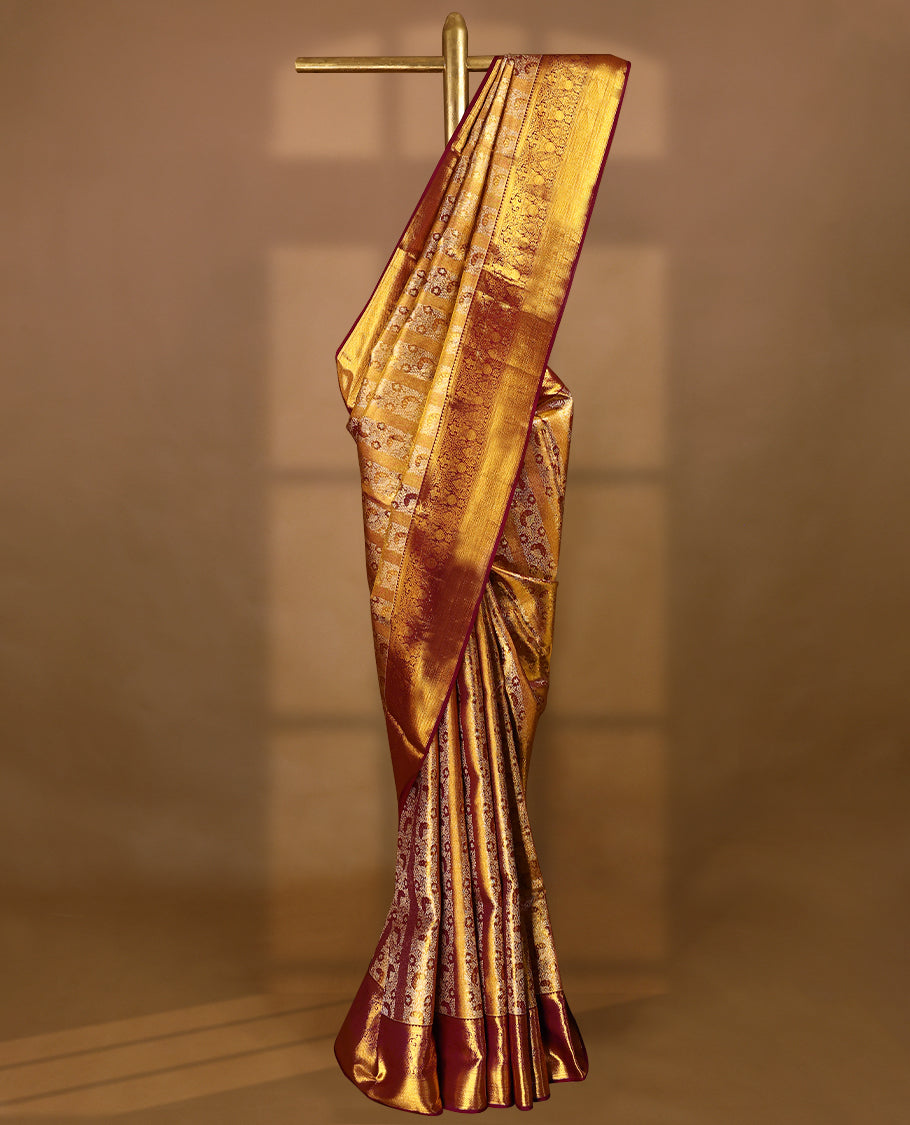 Golden Colour Kancheepuram Tissue Silk Saree having Contrast Zari Worked Body with Contrast Border and Blouse