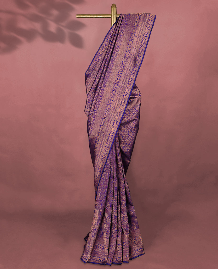 Dark Indigo Kancheepuram Silk Brocade Saree having Brocade Body with Self Coloured Brocade Border and Blouse