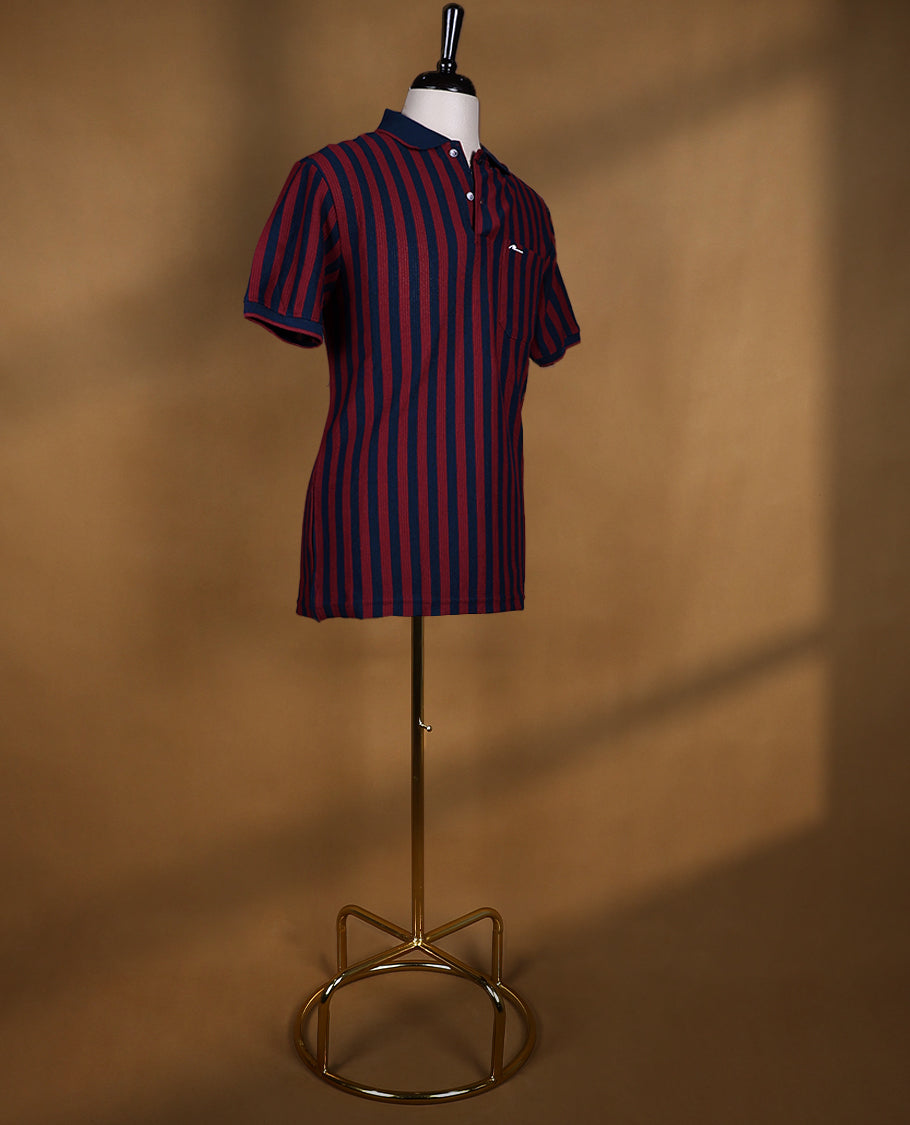 Maroon and Navy Blue Striped BRANDMOVER Half Sleeve T-Shirt for Men
