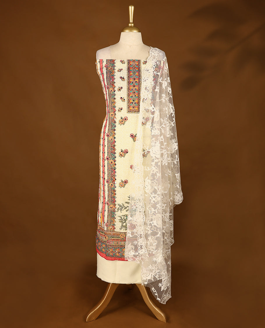 Cream Colour, Mirror Worked Top having Multi Colour Prints & Red Border with Bottom and Thread Worked Dupatta