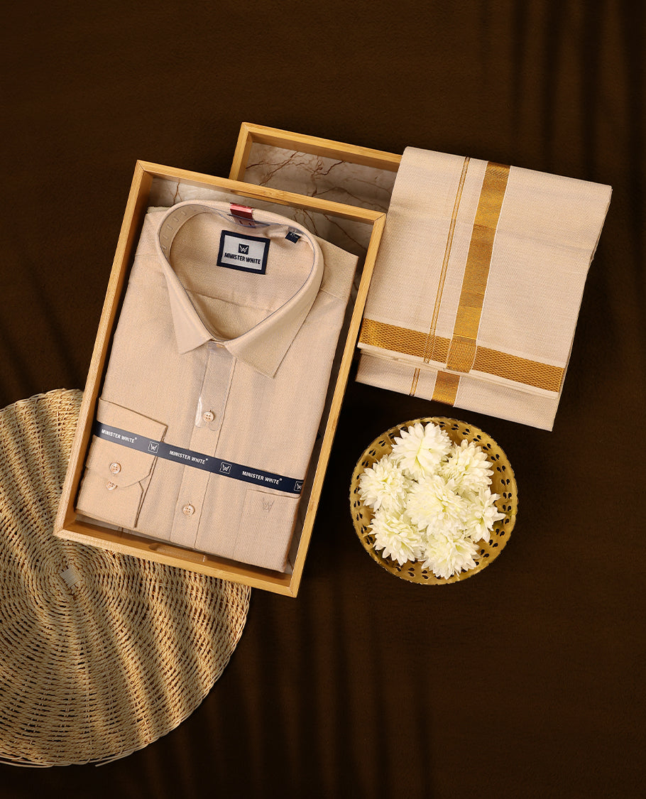Beige tissue Full Sleeve shirt and matching dhoti set with smooth finish and golden tissue zari border giving a graceful and traditional appeal for festive and elegant occasions