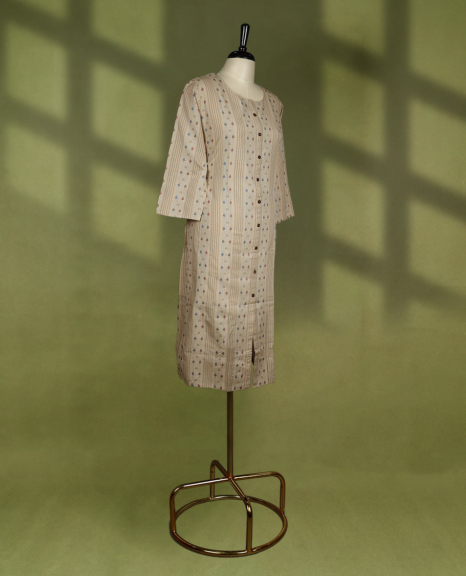 Dark beige coloured stylish kurthi with slit, featuring a round neck design adorned with digital prints and thread work, for women