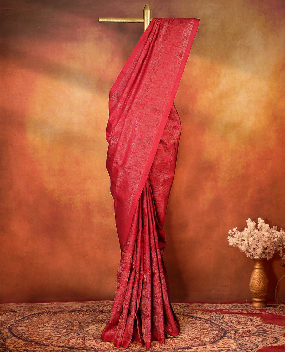 Deep Red Colour pure Mayuri silk saree featuring intricate gold Zari woven patterns across the body, highlighted with a rich woven border, with matching blouse
