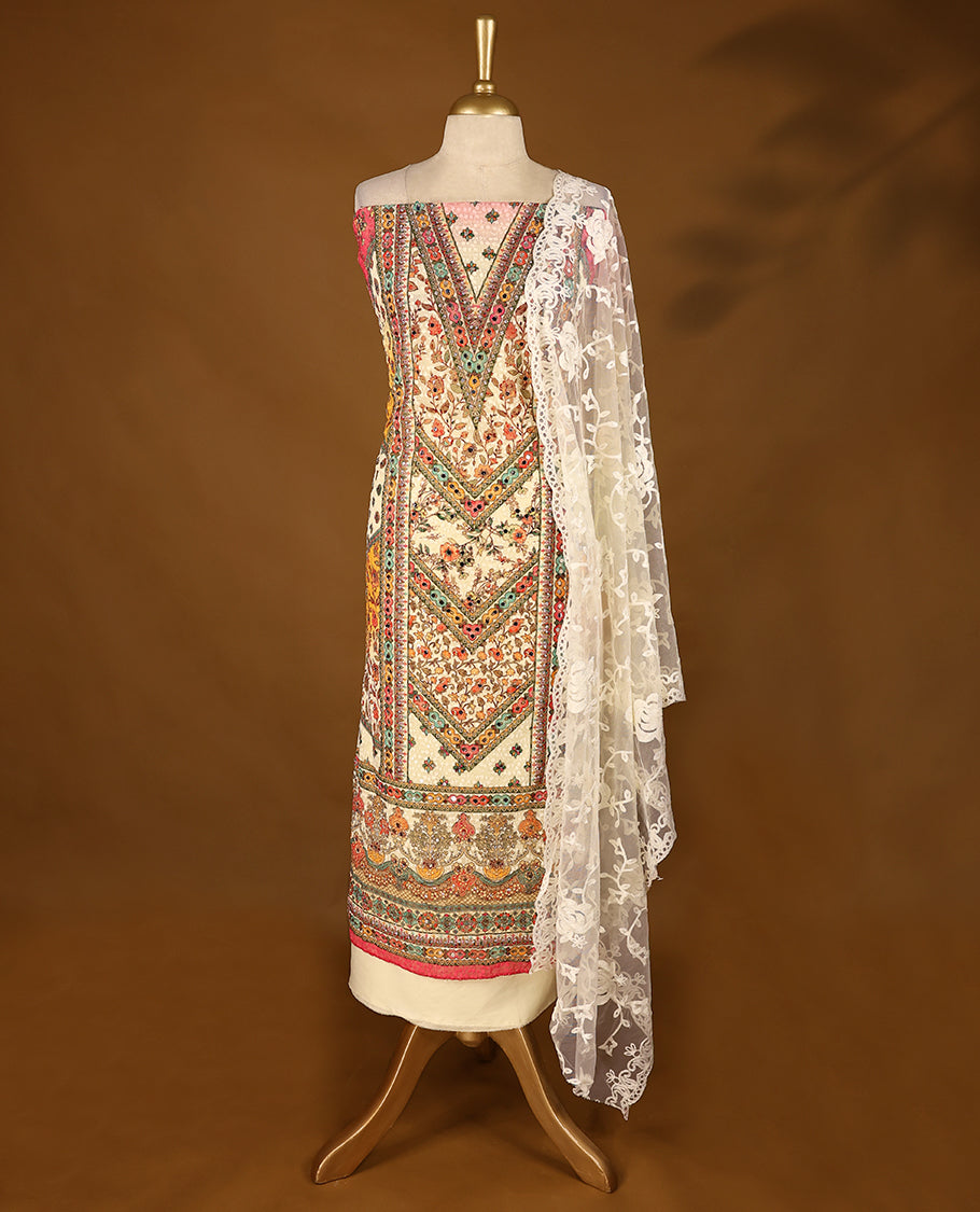 Cream Colour, Fully Mirror Worked Top having Multi Colour Prints & Red Border with Bottom and Thread Worked Dupatta