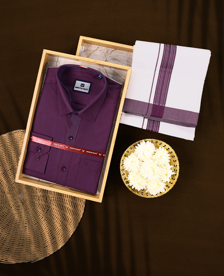 Grape colour full sleeve shirt and white dhoti set featuring a rich Grape woven border crafted for a bold and traditional look ideal for festive and special occasions
