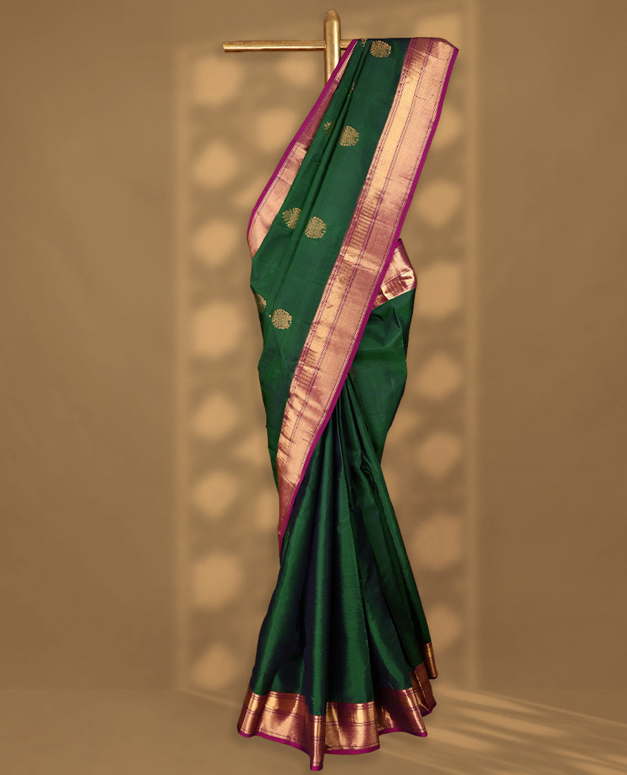 Bottle Green Colour Vasundhara Silk Saree having Golden Thread Buttas in Body with Contrast Border and Blouse