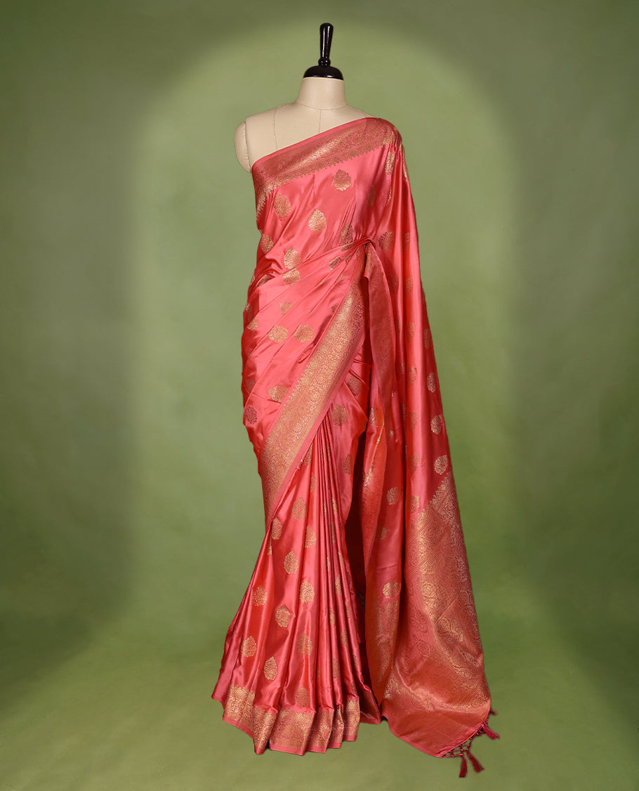 Peach Colour Semi Banarasi Saree having Golden Buttas in Body with Worked Border and Blouse