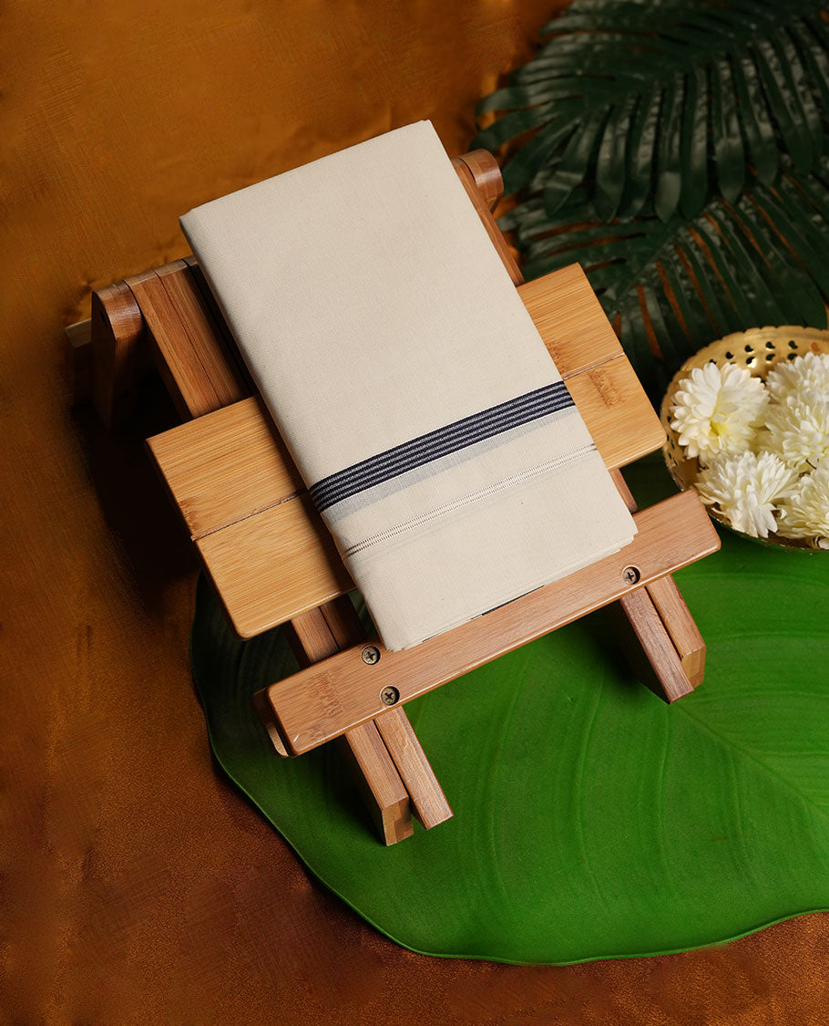 Cream Colour Pure Cotton single Dhoti with Black and Gray Colour simple Border for Men