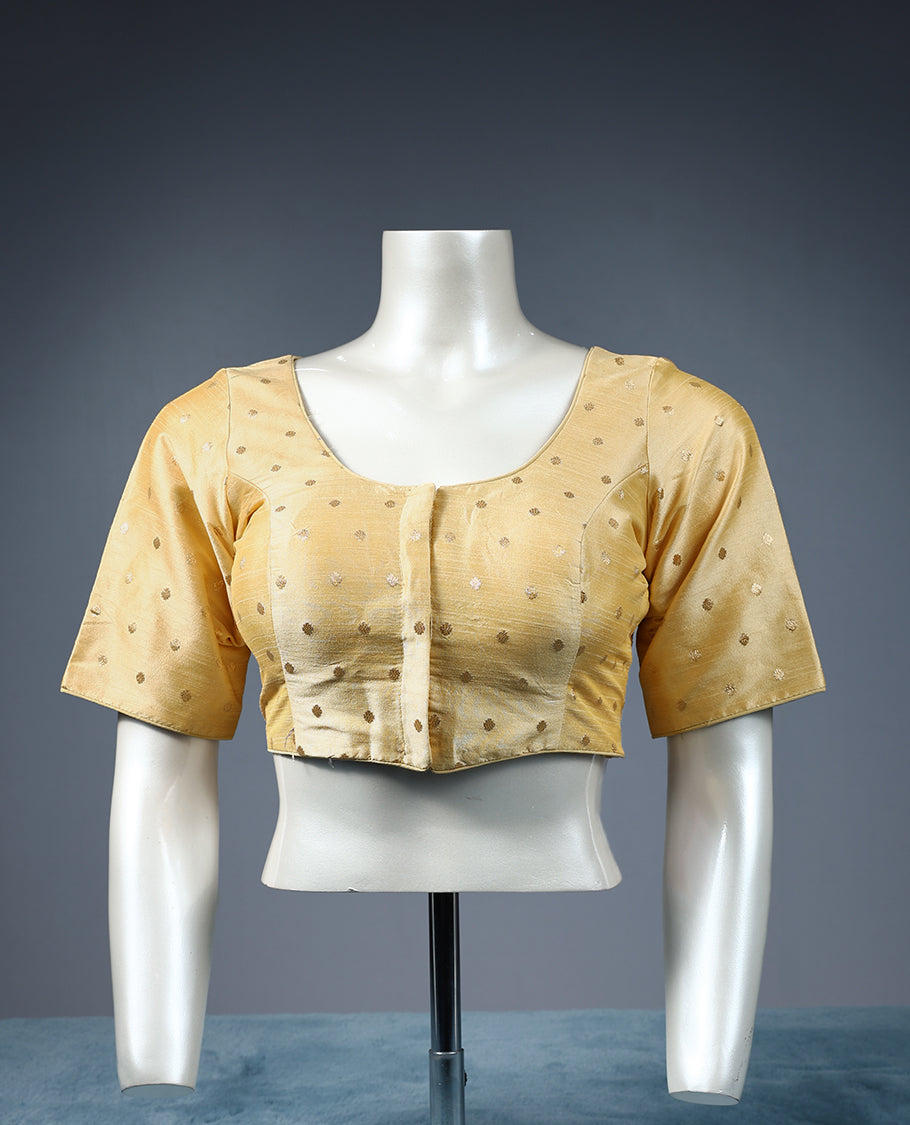 Light Golden Colour Golden Round Motifs, Round Neck Design, 2/4th Sleeves, Padded, Ready Made Blouse.