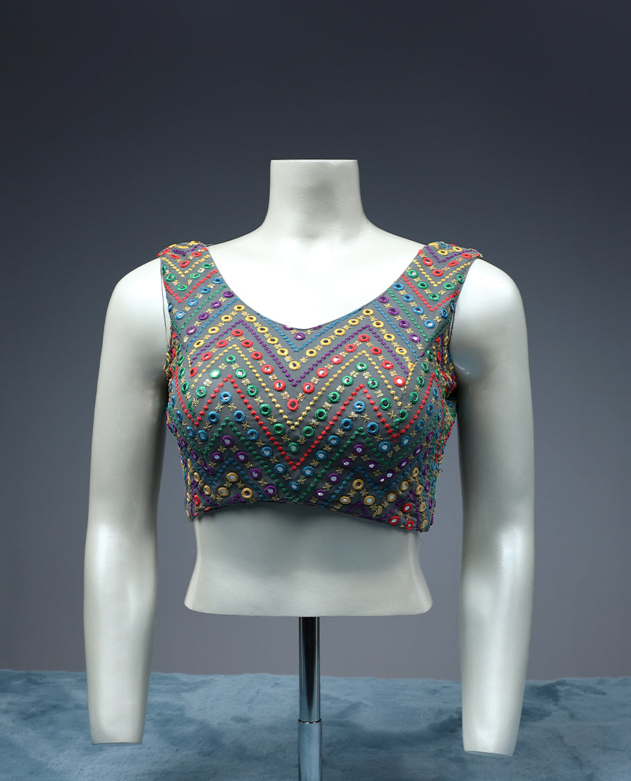 Gray Colour, Contrast Colour Thread and Sequence Work, Curved Neck, Sleeveless, padded, Ready Made Blouse.