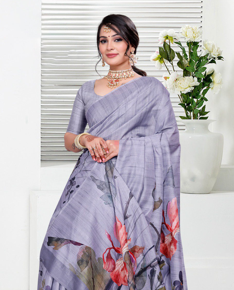 Light Pastel Purple colour Semi linen saree featuring vibrant multicolour floral digital prints on body and pallu, paired with a matching blouse.