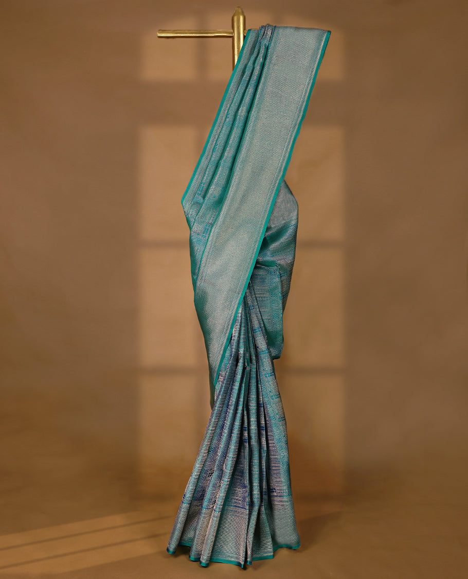 Light Peacock Colour Kancheepuram Wedding Silk Saree having Zari Worked Body and Border with Self Coloured Blouse