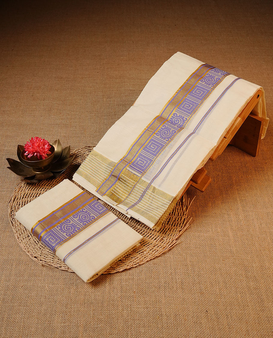 Off white colour Cotton Set Mund featuring a plain body, enhanced by a Lavender colour Thread work zari border.