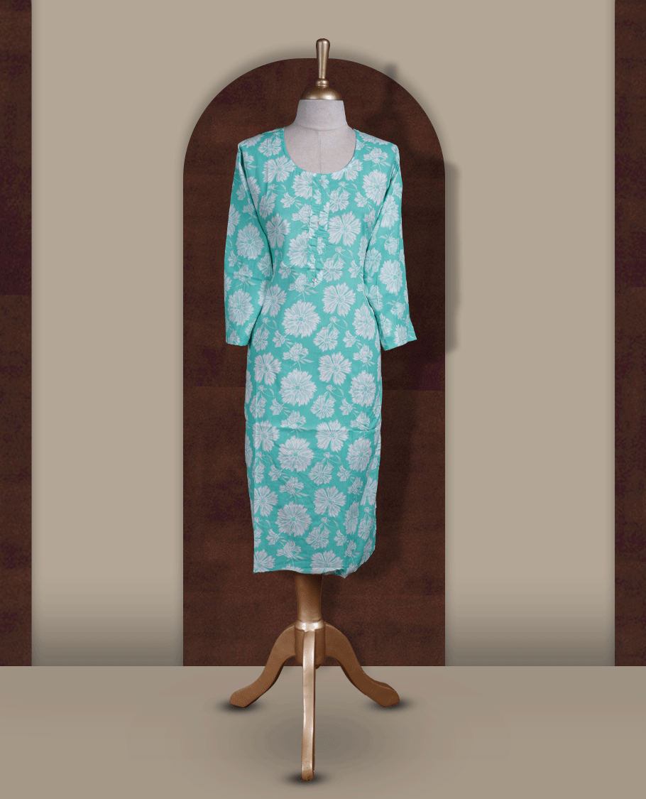Light aqua colour kurti featuring bold white colour floral prints, a round neckline with front button detailing, and comfortable 3/4th sleeves.