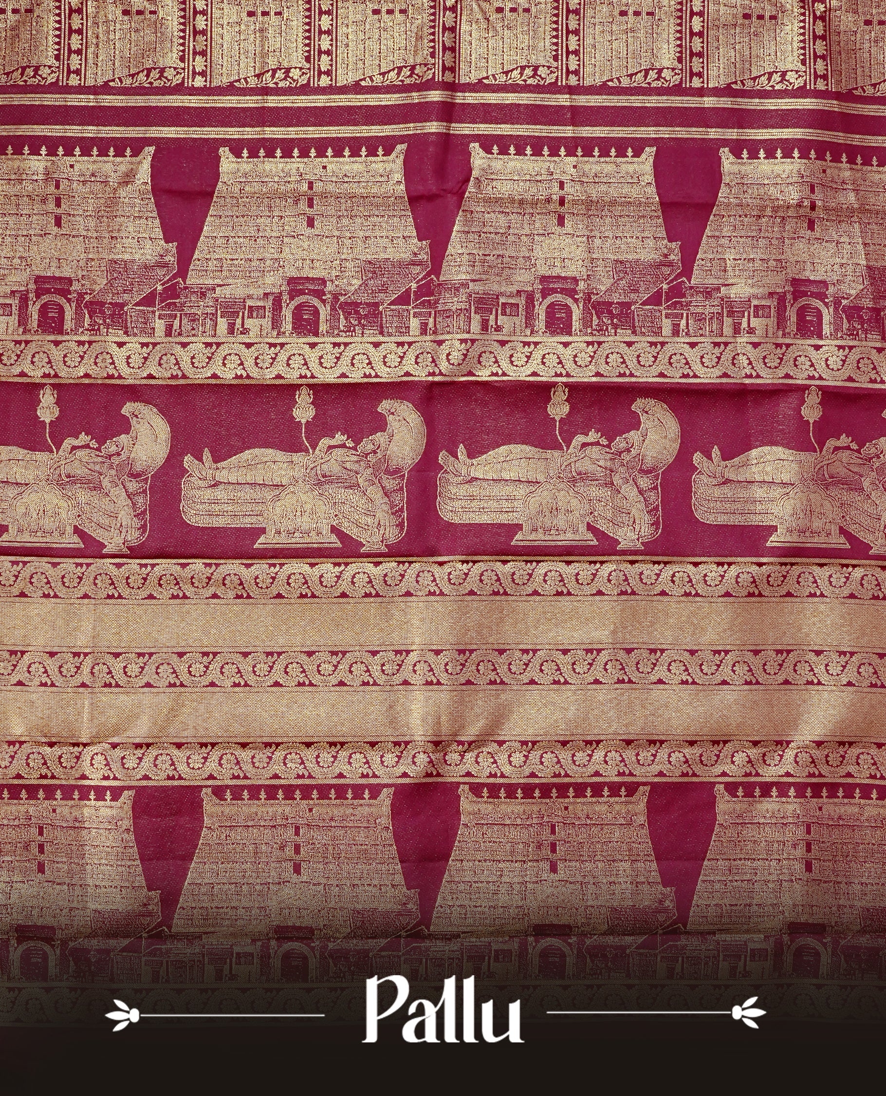 Dark Maroon colour Kanchipuram Samudrika Pattu saree featuring an exclusive gold zari weave of the historic Padmanabhaswamy Temple East Gopuram on the border and pallu, with Anantha Sayanam motif, paired with self colour blouse piece.