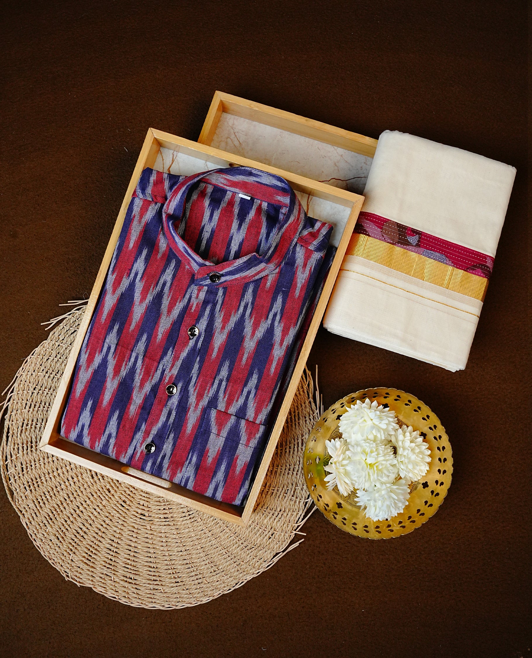 Blue & Brown Colour Full-Sleeve Kurta with Digital Prints, Paired with a Cotton Double Dhoti Featuring Matching Prints.