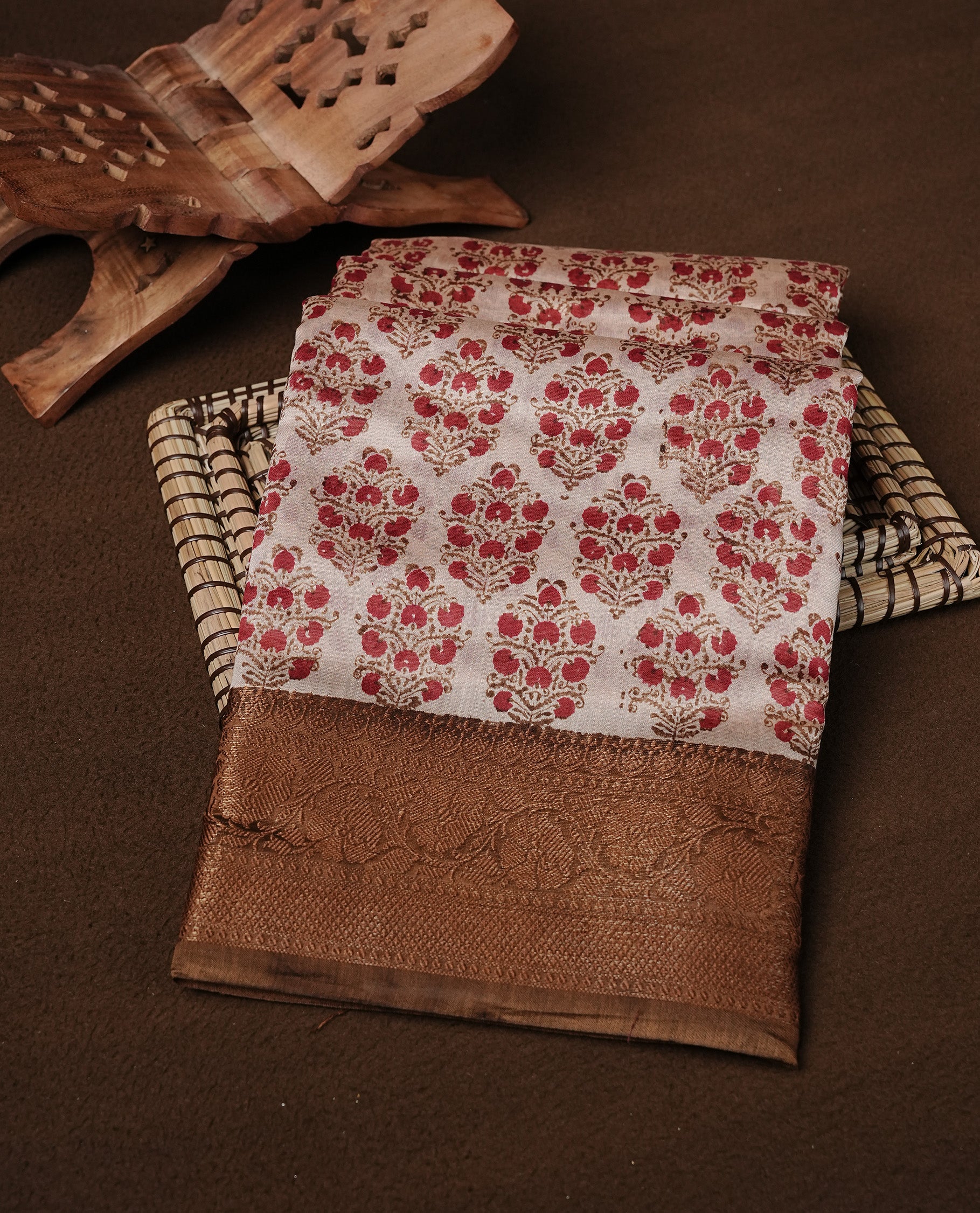Beige Colour Chanderi silk saree featuring Block print on body, complemented by Contrast Dark Olive colour with Antique zari border, paired with matching blouse piece.