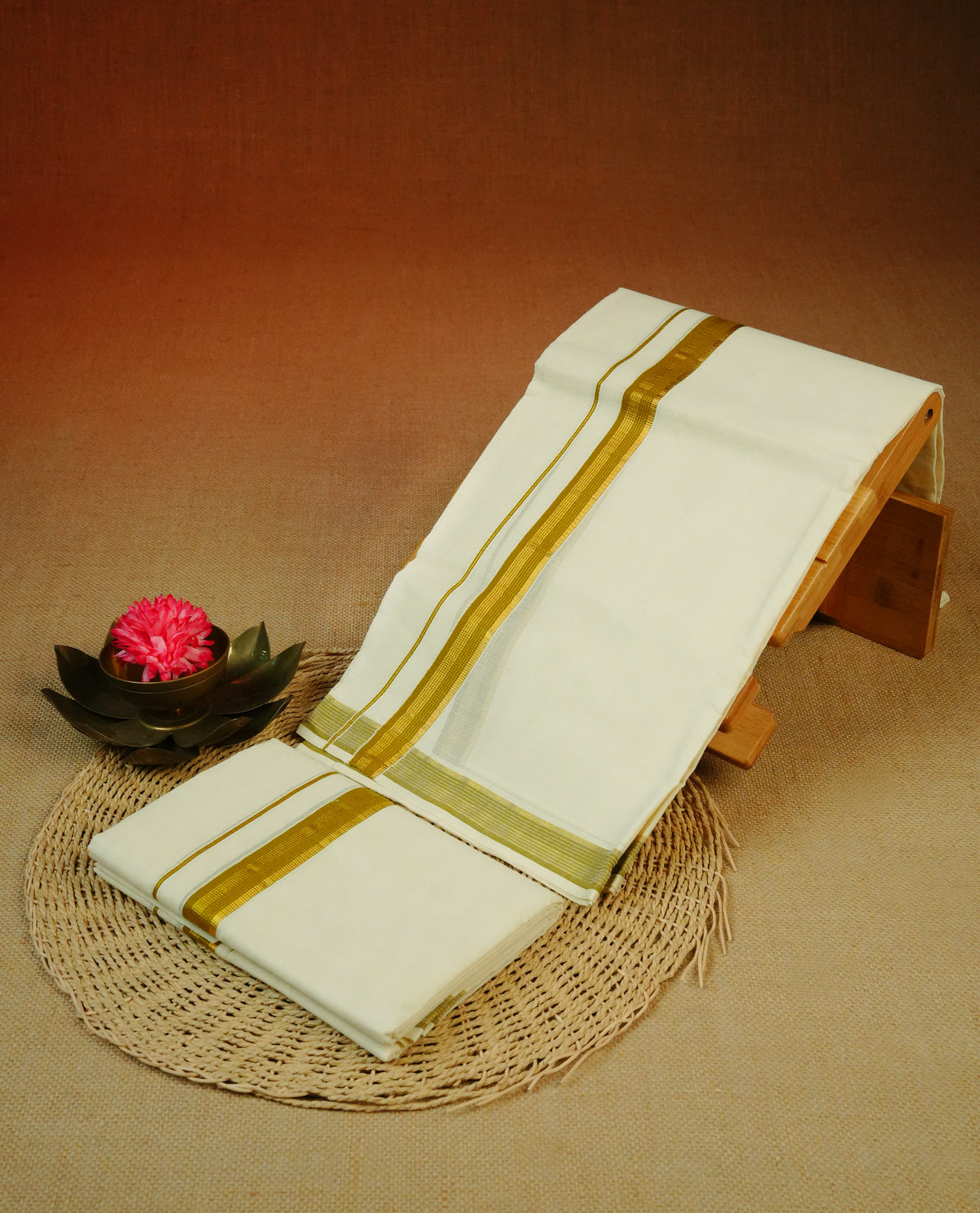 Cream colour cotton Set Mundu With Plain body, enhanced with Gold zari & Olive kara.