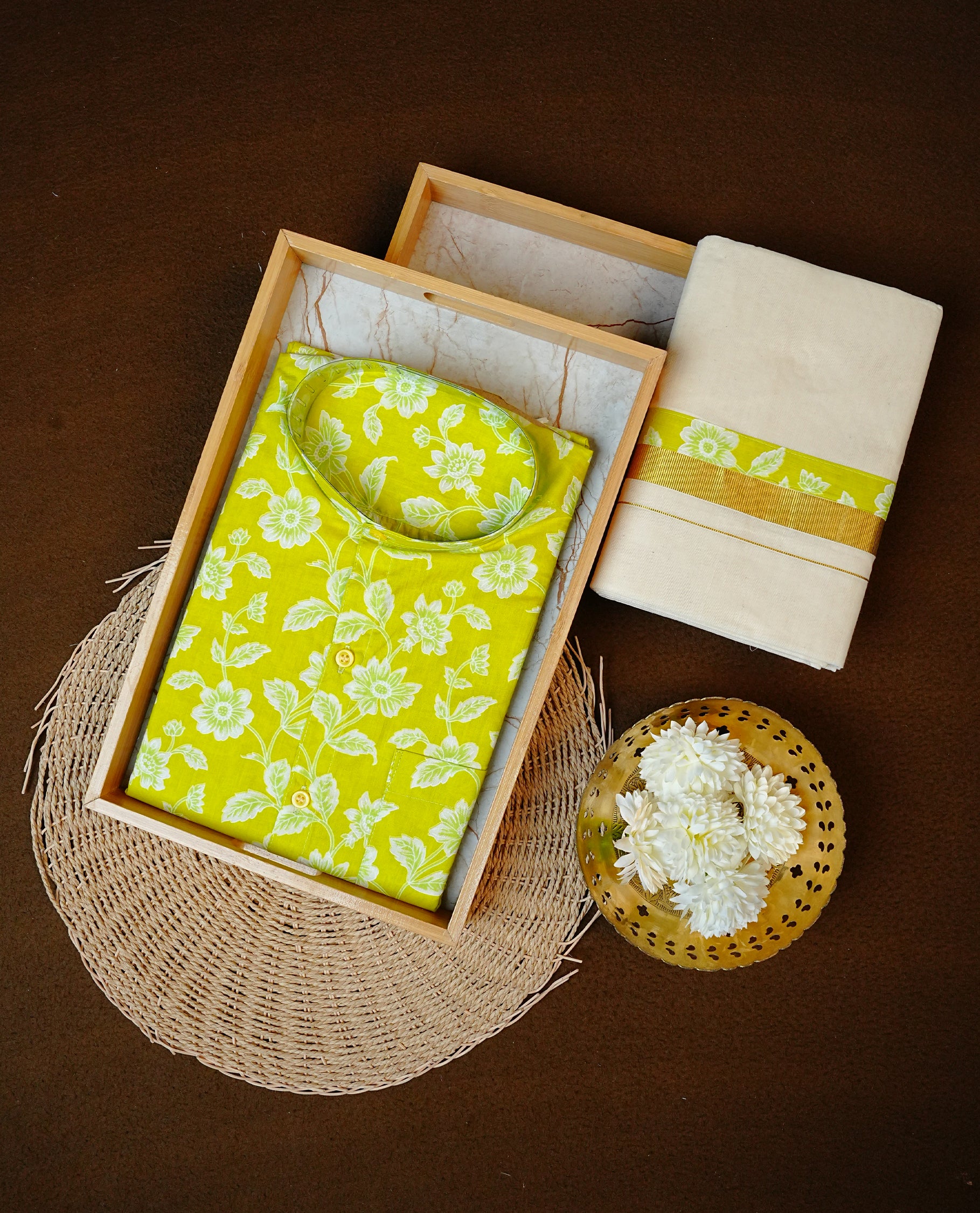 Lime Green Colour Floral Printed Half-Sleeve Shirt, Paired with a Cotton Double Dhoti Featuring Matching Prints.
