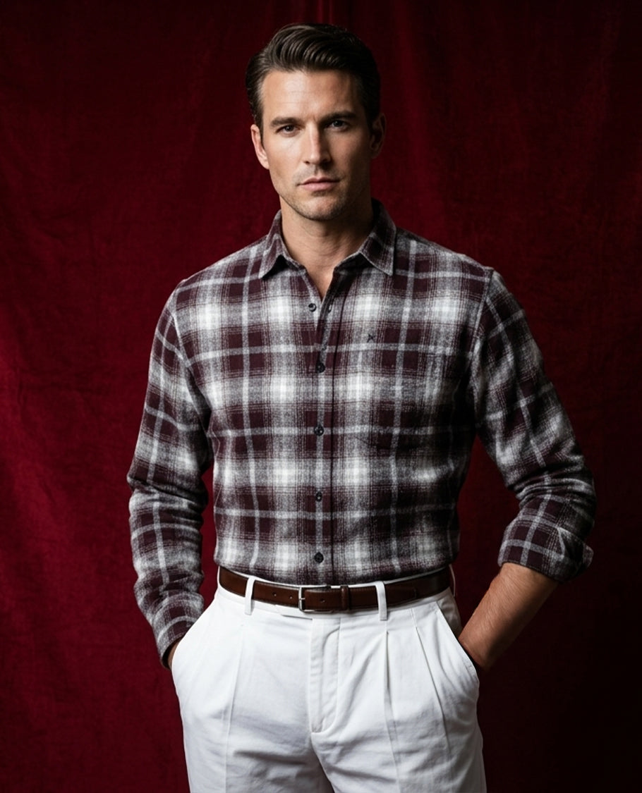 White colour shirt designed with brown colour check pattern on body, adored with full sleeve.