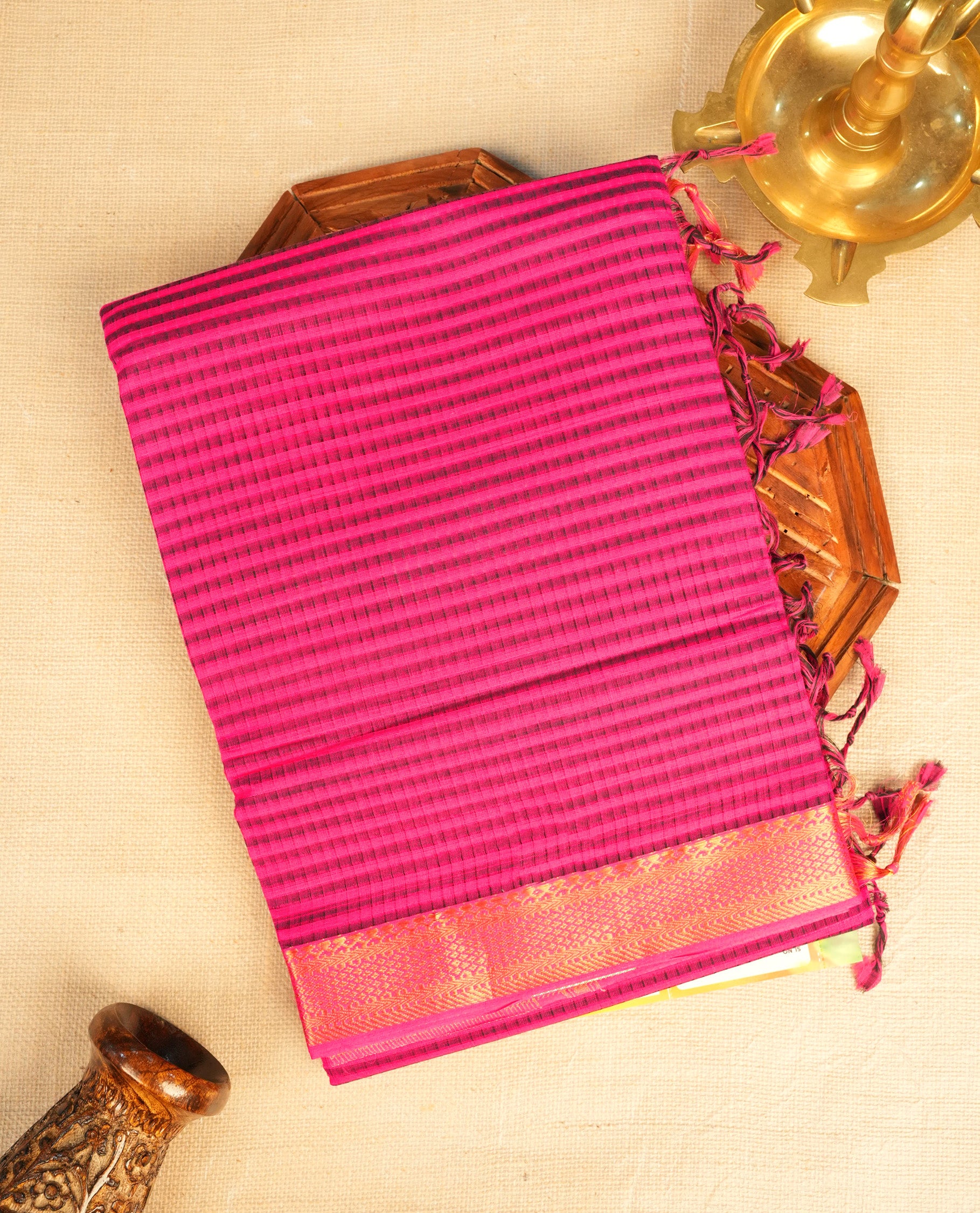 Magenta Mangalagiri cotton saree featuring elegant Black stripes, Complemented by Contrst Pattern with Gold zari border & Contrast pallu, Paired With a matching blouse piece.