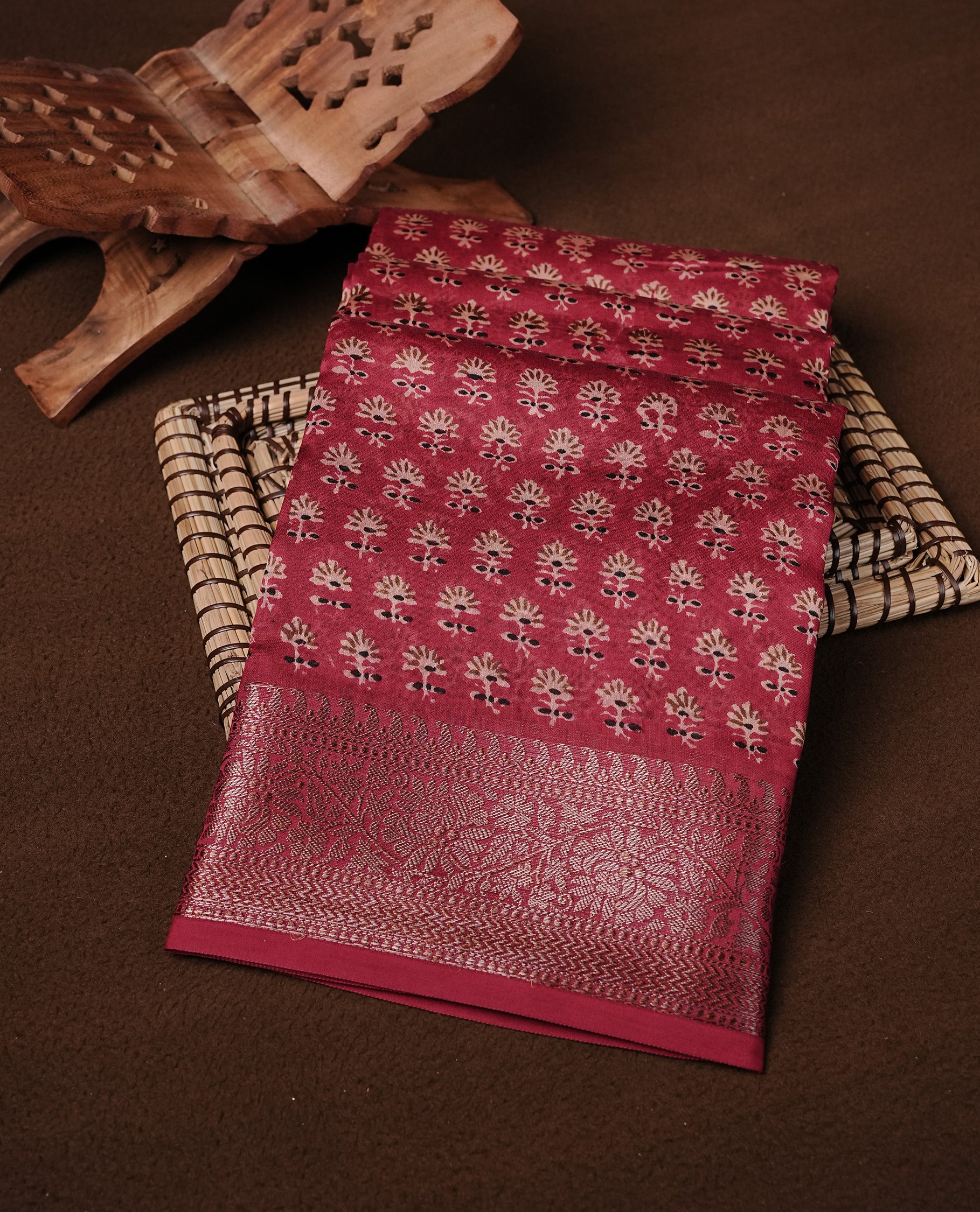 Red Colour Chanderi Silk Saree Featuring Floral Print On Body, Complemented by Self Colour with Antique Zari Border, Paired With Matching blouse Piece.