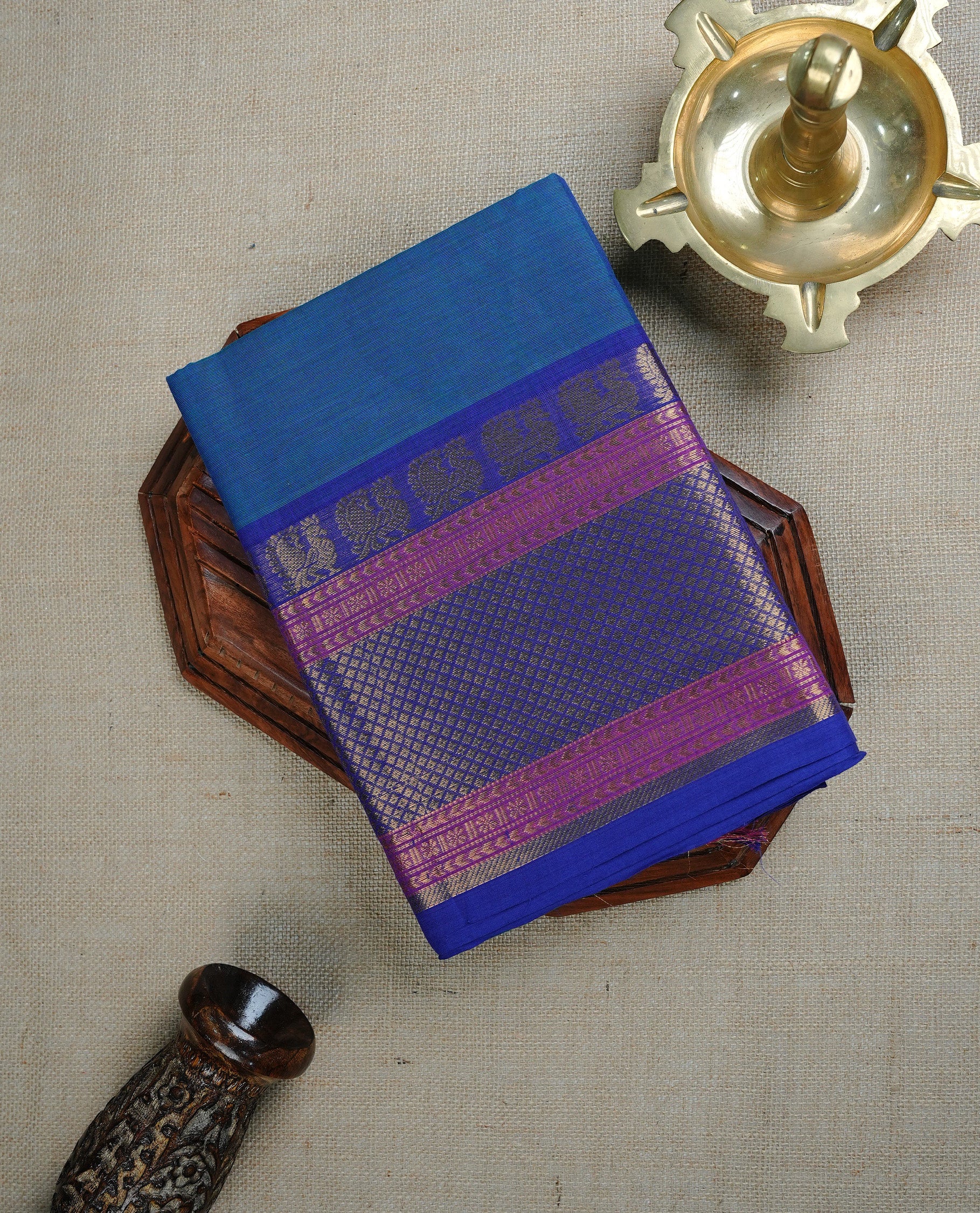 Peacock colour chettinad cotton saree featuring Plain body, complemented by Violet & Pink Colour With Gold Zari border, paired with matching blouse piece.